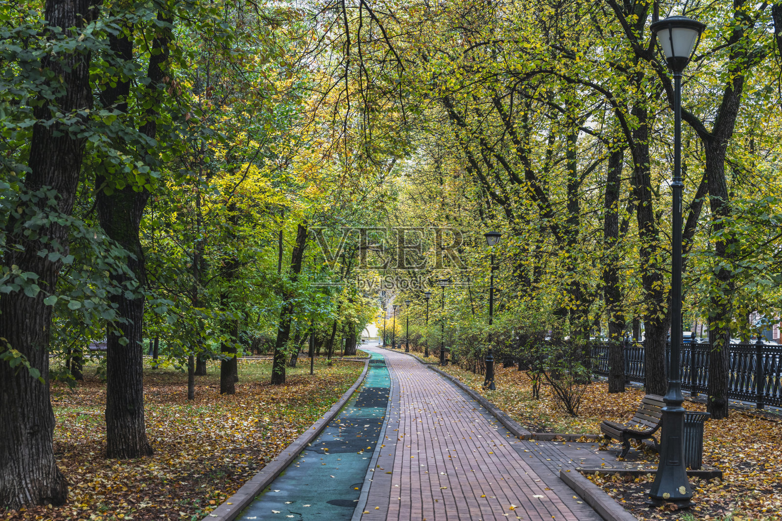 莫斯科,德维奇耶波莱广场的秋日小巷。照片摄影图片