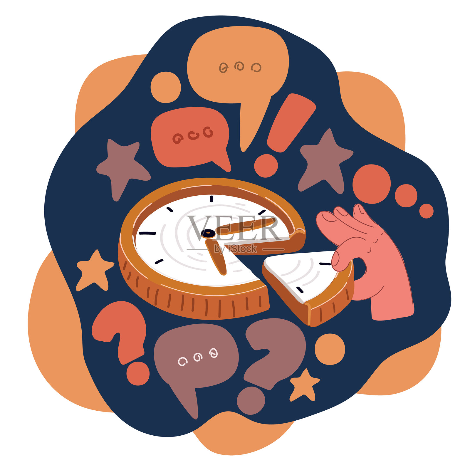 卡通矢量图,一只手拿着时钟碎片,象征时间的概念插画图片素材