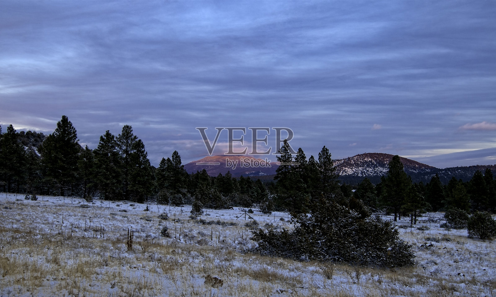 宁静的冬季景象,日出时分覆盖着雪的风景和山脉,位于亚利桑那州弗拉格斯塔夫附近照片摄影图片