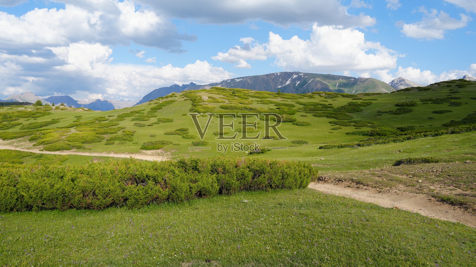 风景优美的山间小路蜿蜒穿过云层密布天空下的葱郁草地照片摄影图片