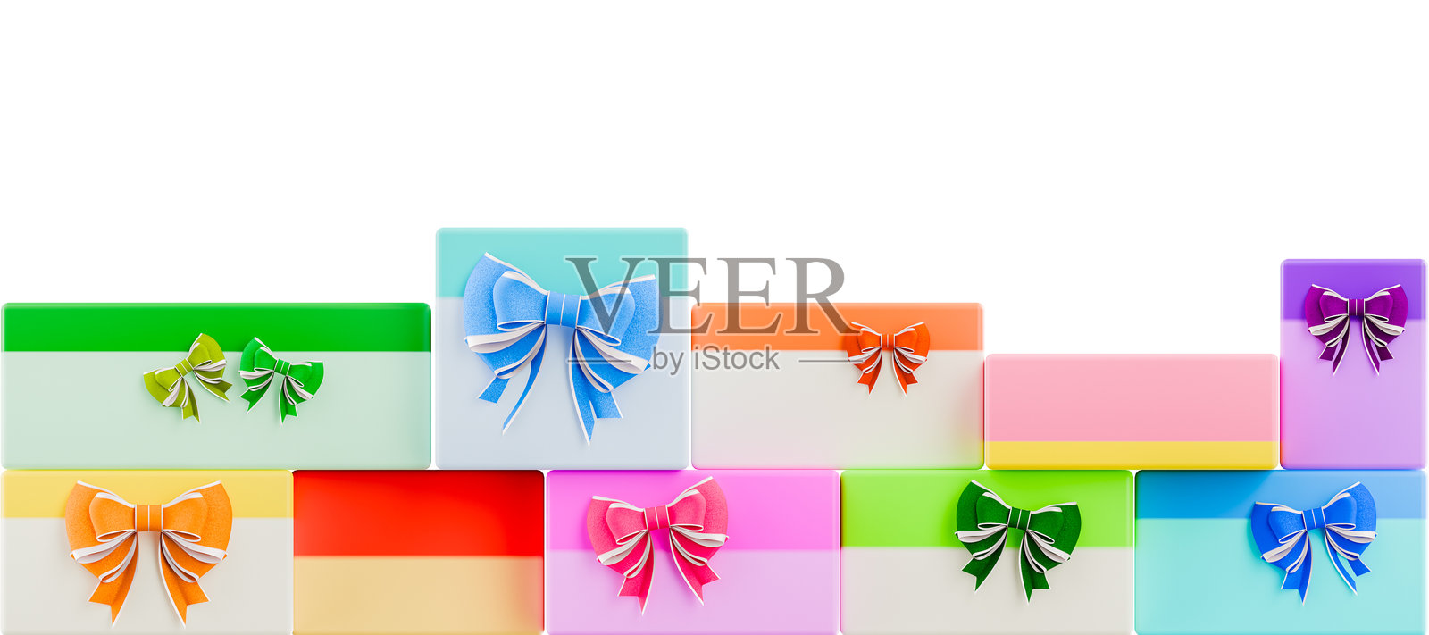 节日礼盒,带有丝带蝴蝶结,一排摆放在白色背景上,计算机图形照片摄影图片
