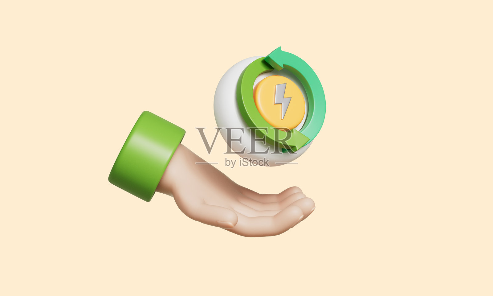 带有手的可再生能源循环图标。三维渲染。照片摄影图片