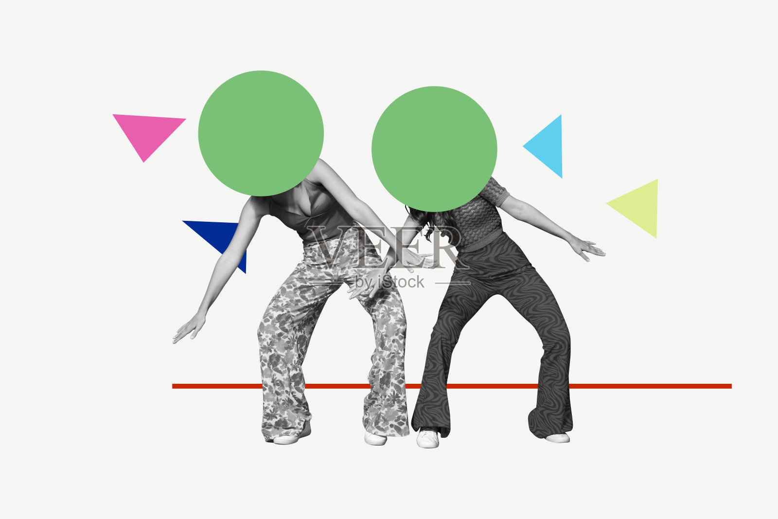 两名匿名女孩头部被球形人物取代的潮流三维照片拼贴,庆祝周末的场合,放松的活动,放松。照片摄影图片