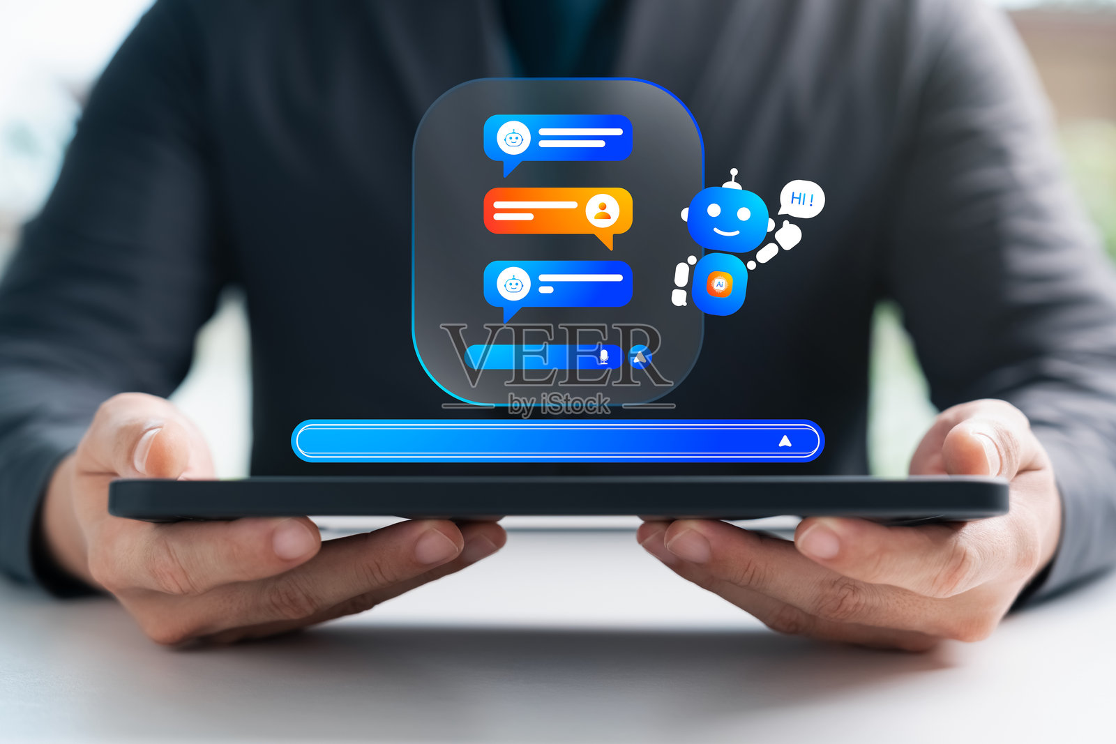 用户与聊天机器人、人工智能在平板电脑屏幕上的对话,人工智能在客户服务、助手、自动化支持系统在现代通信技术中的应用。照片摄影图片