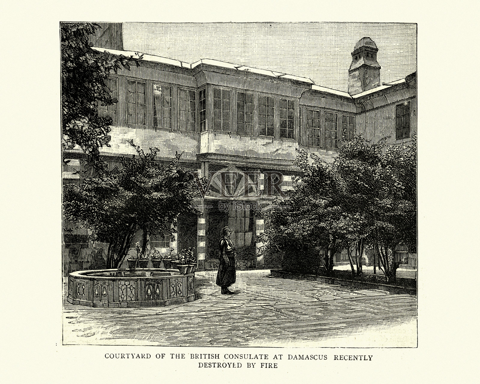 19世纪大马士革英国领事馆庭院插画图片素材