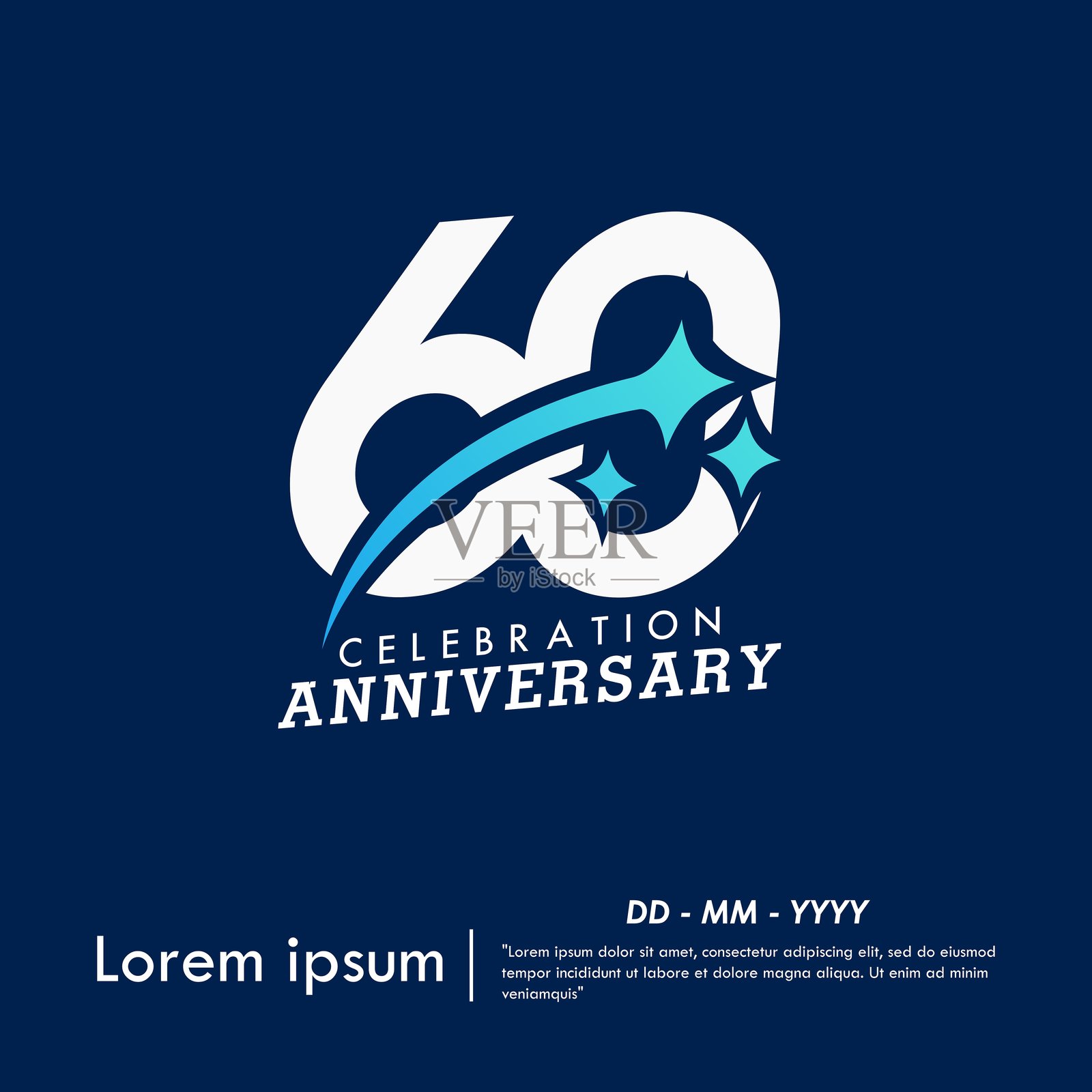 60周年庆典徽章。带有闪耀星星的周年纪念标志,背景为蓝色。网页横幅的矢量插画模板设计。插画图片素材