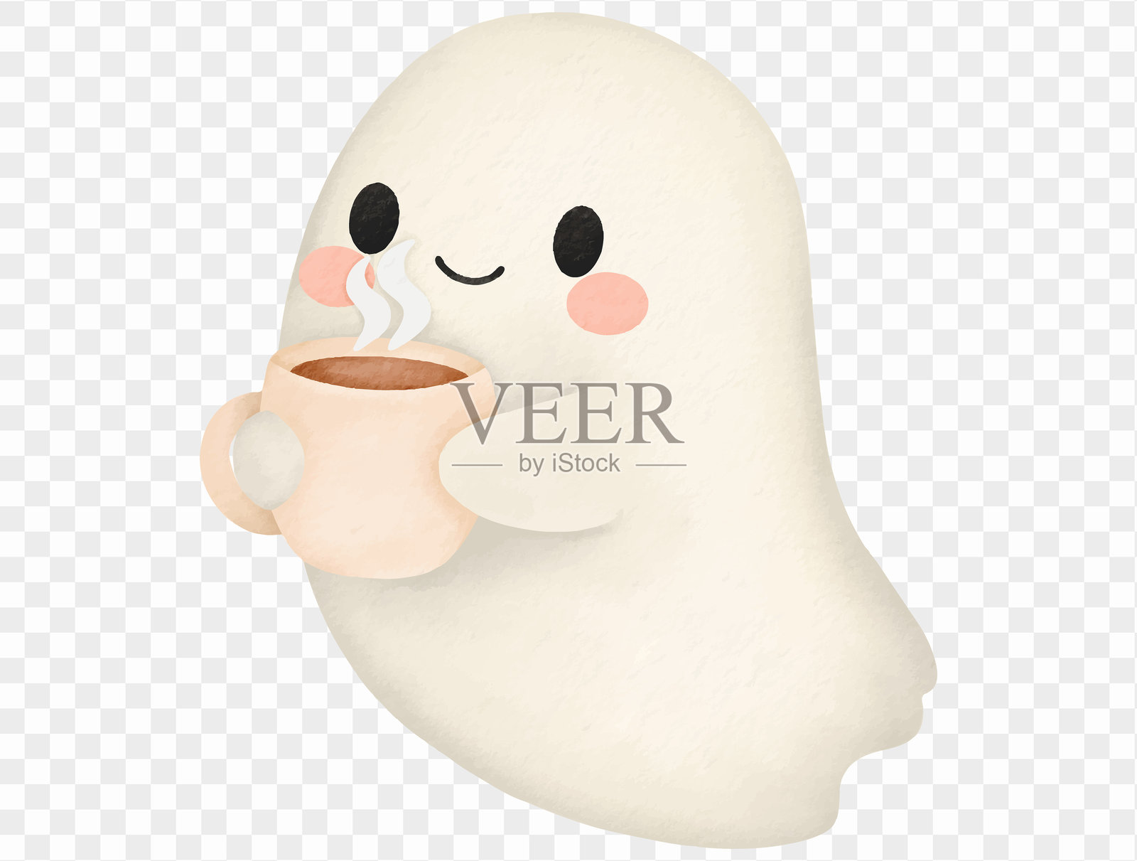 水彩风格的可爱万圣节幽灵饮用热可可插画矢量图插画图片素材