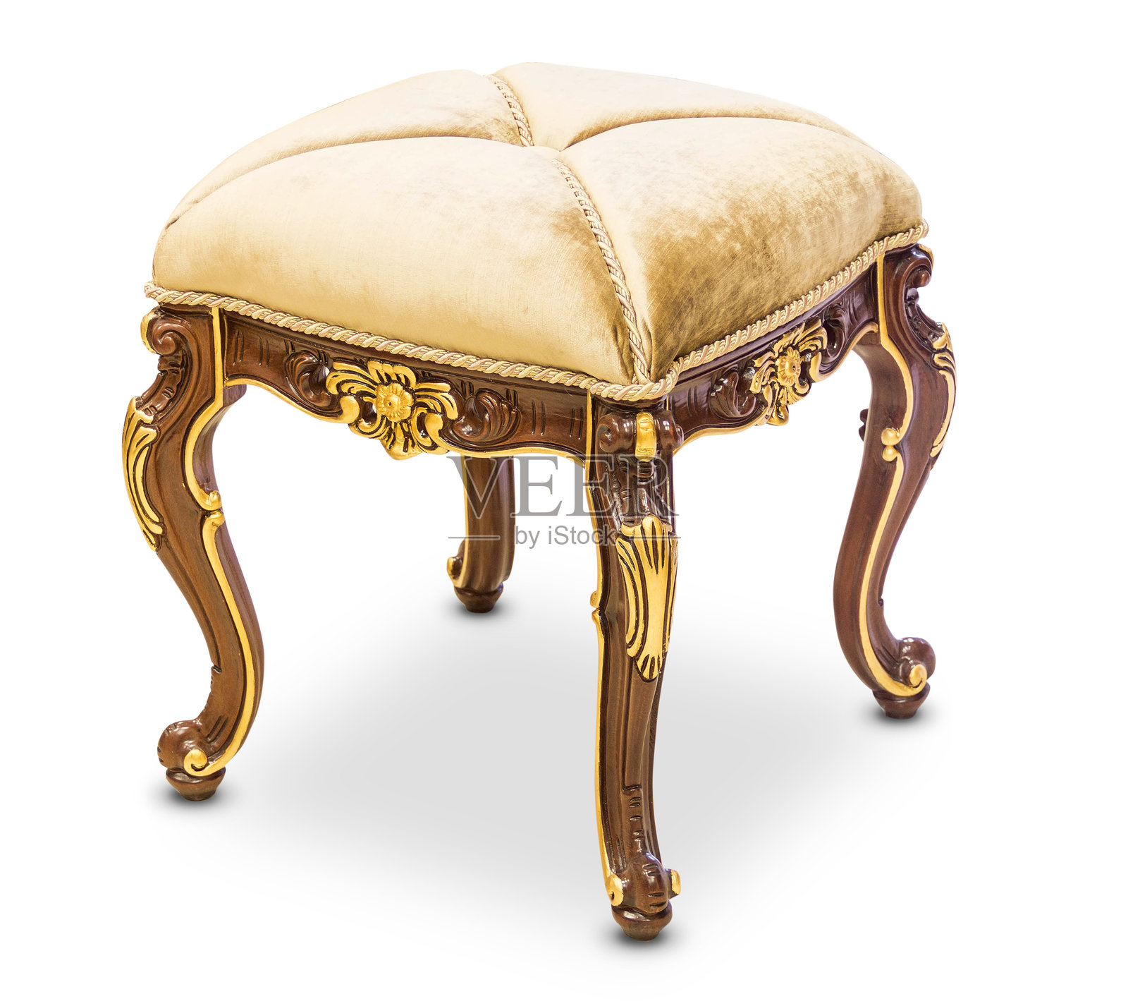 一张金色复古老式坐墩,孤立在纯白色背景上照片摄影图片