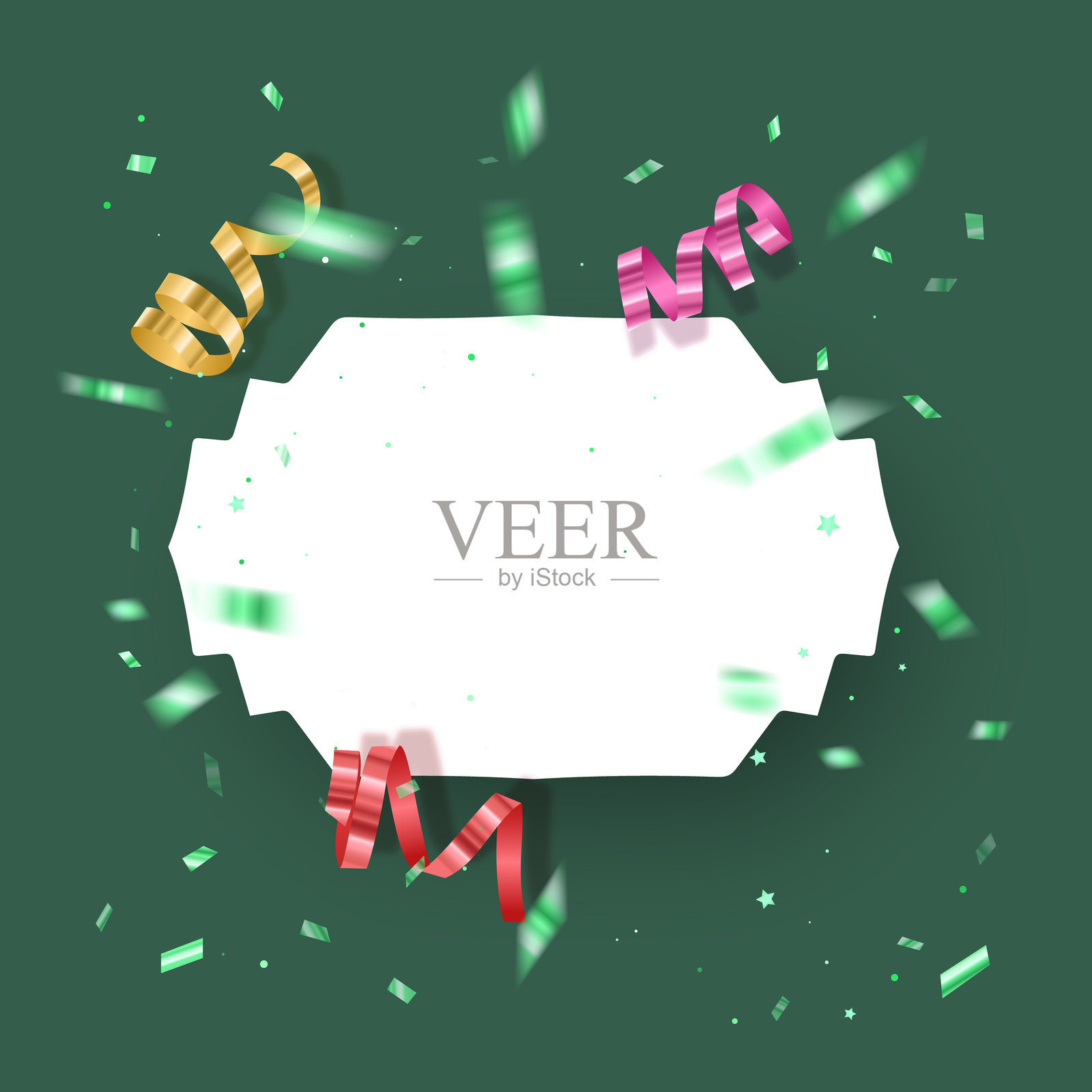 带有用于书写文字的白色边框的新年贺卡或节日贺卡,背景为绿色丝带插画图片素材