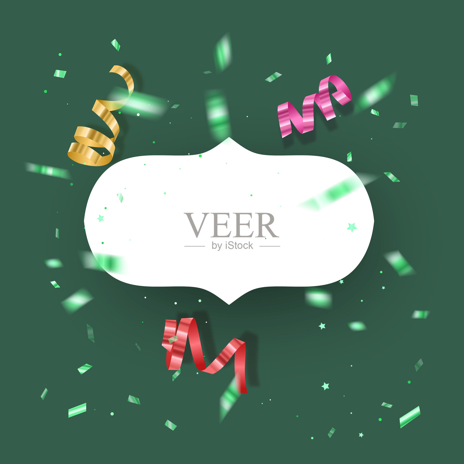 一张带有白色文本框的新年贺卡或节日贺卡,背景为绿色丝带插画图片素材