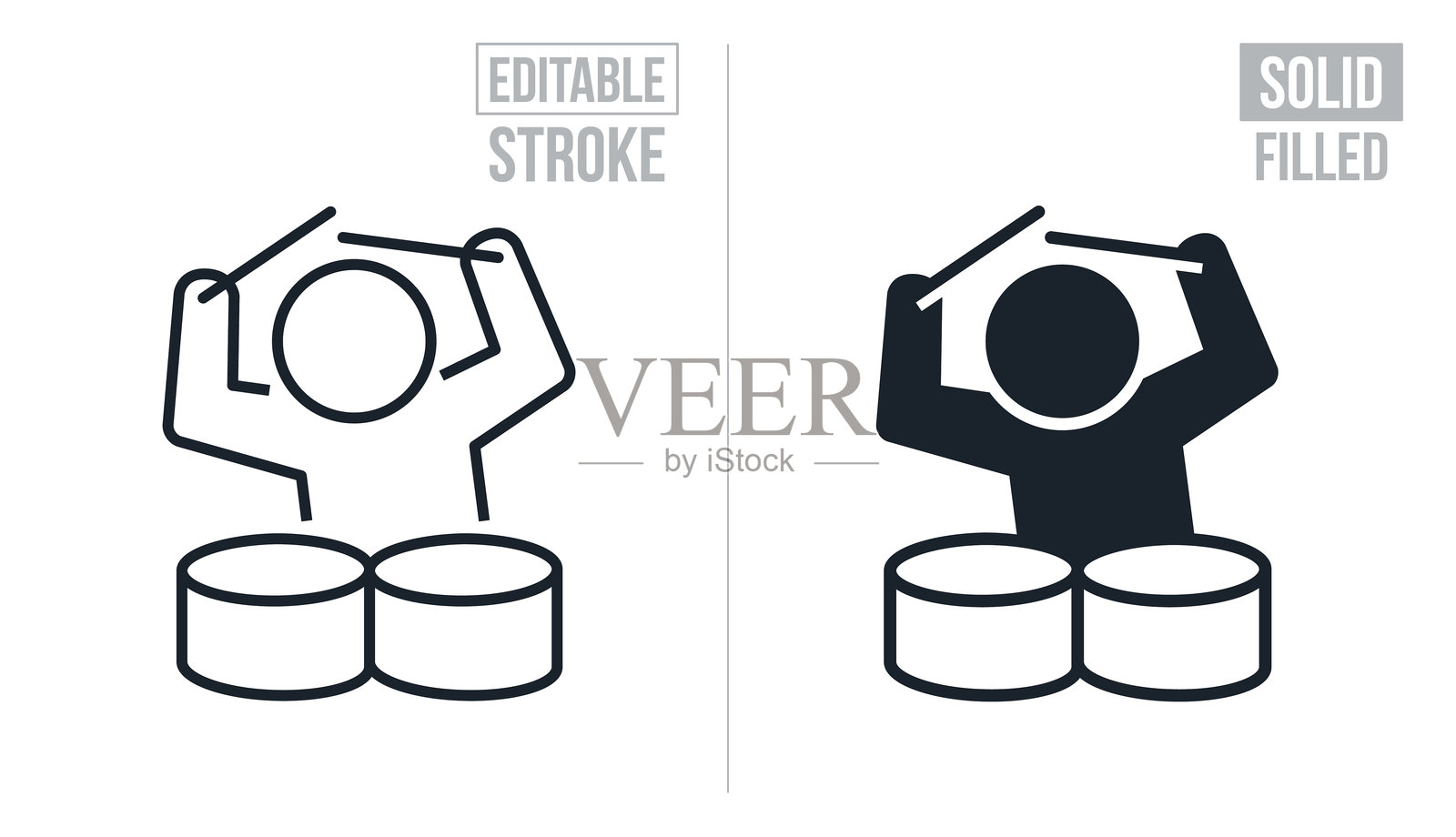 鼓手打鼓 - 可编辑描边和实心图标插画图片素材