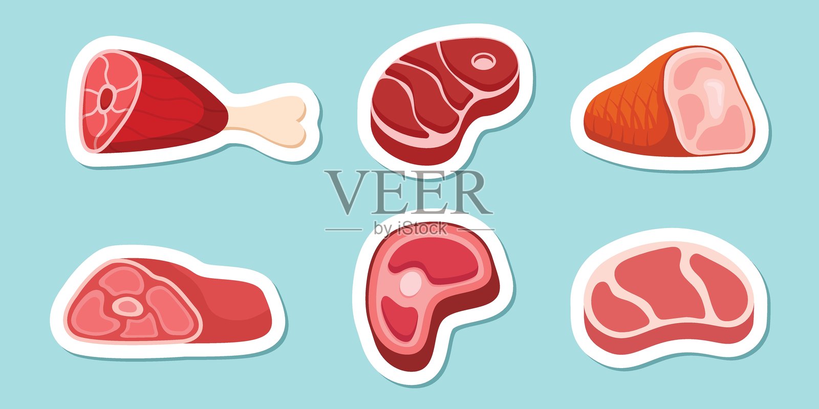 扁平风格的生肉贴纸图标集。羊肉或牛肉矢量图,孤立的背景。炸蛋白质餐标志,商业概念。插画图片素材