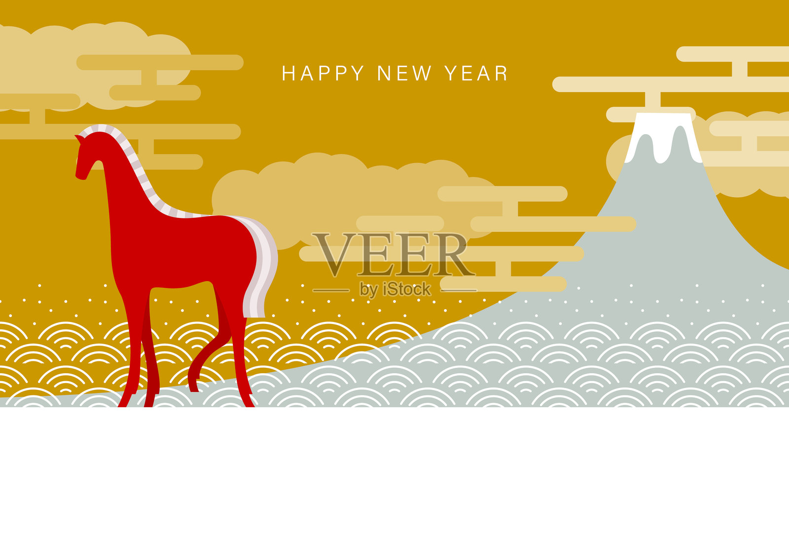 新年贺卡设计:红马与富士山,金色背景(马年)插画图片素材