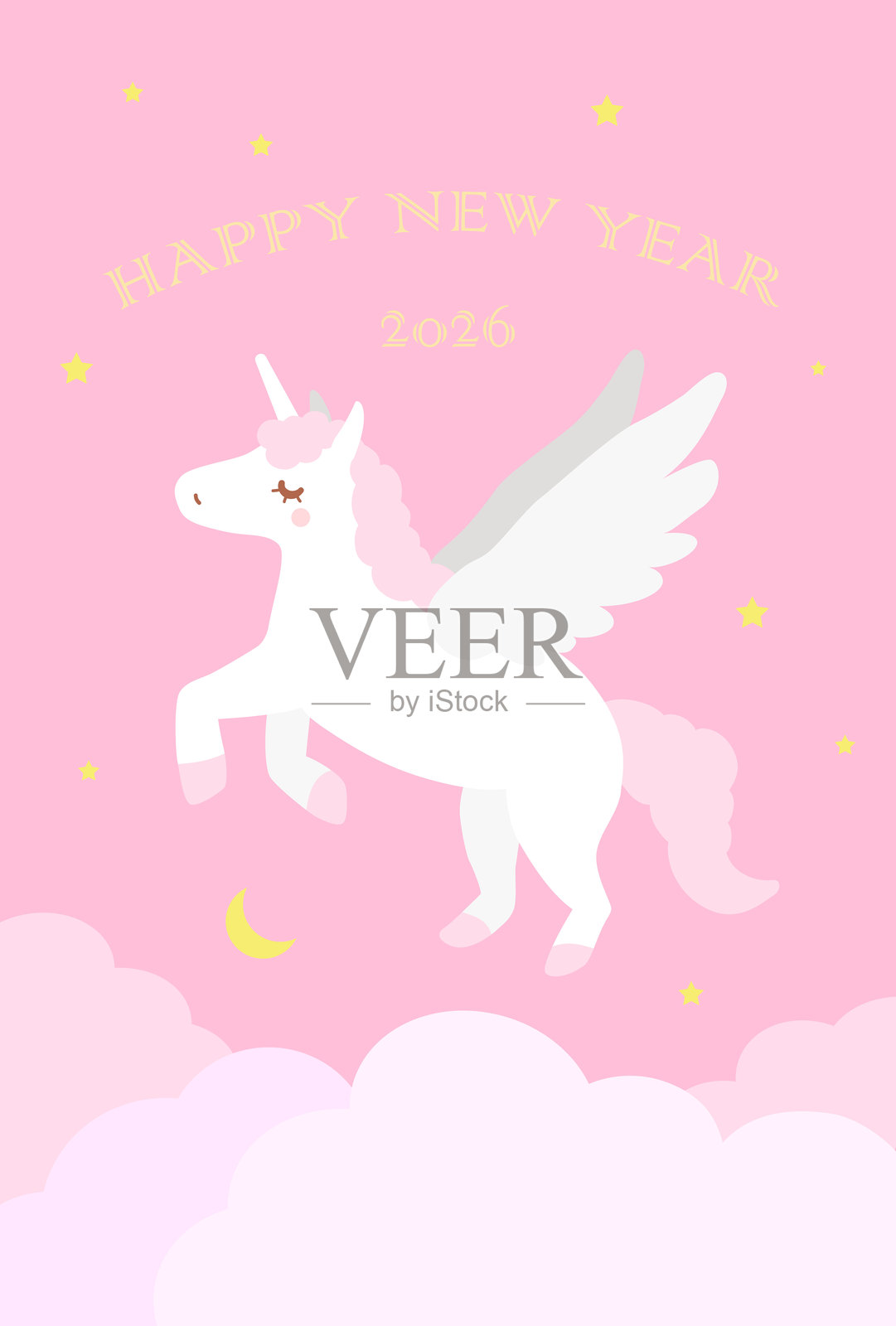 新年贺卡 2026:一匹独角兽在粉红色的天空中奔腾插画图片素材