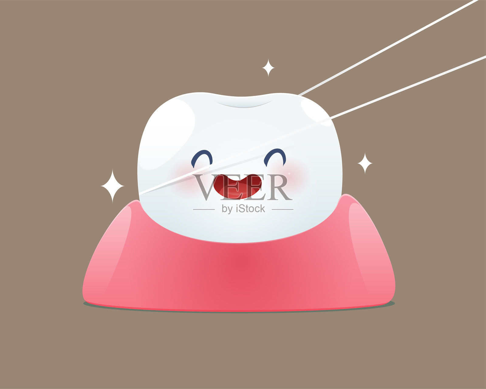 卡通牙齿使用牙线清洁,露出闪亮洁净的笑容插画图片素材