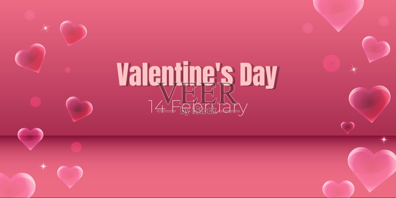 情人节粉色心形横幅,带有浪漫背景和优雅的2月14日文字。适合贺卡、促销、社交媒体和庆祝情人节的推广活动的节日爱情设计。插画图片素材