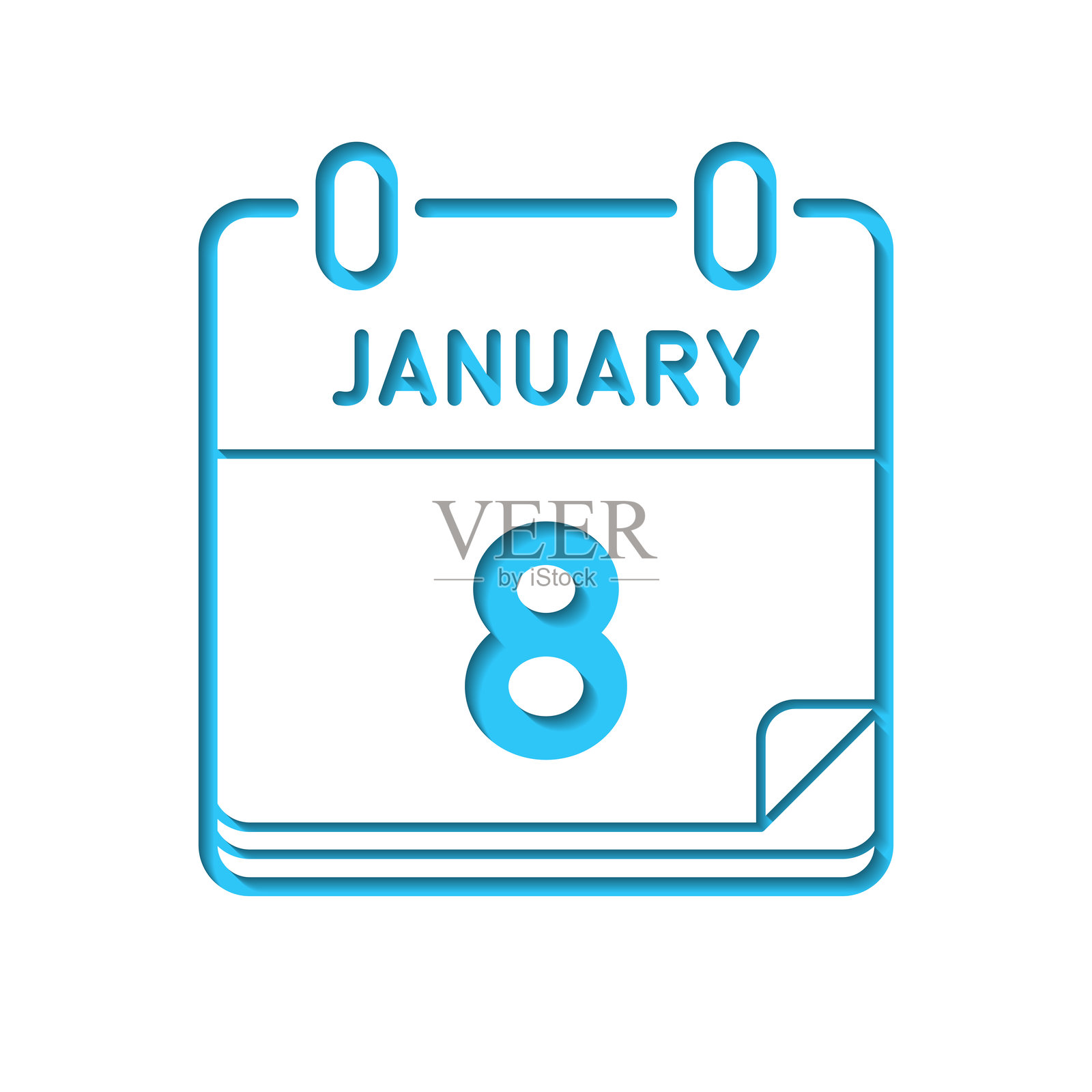 1月8日。白色纸张上的图标剪影,带有蓝色背景插画图片素材