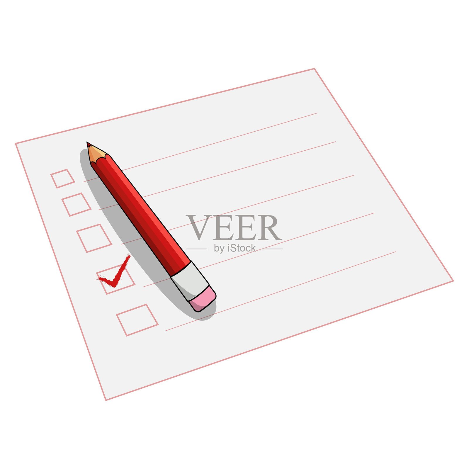 一支红色的铅笔在一个复选框上打勾,象征着完成和条理插画图片素材