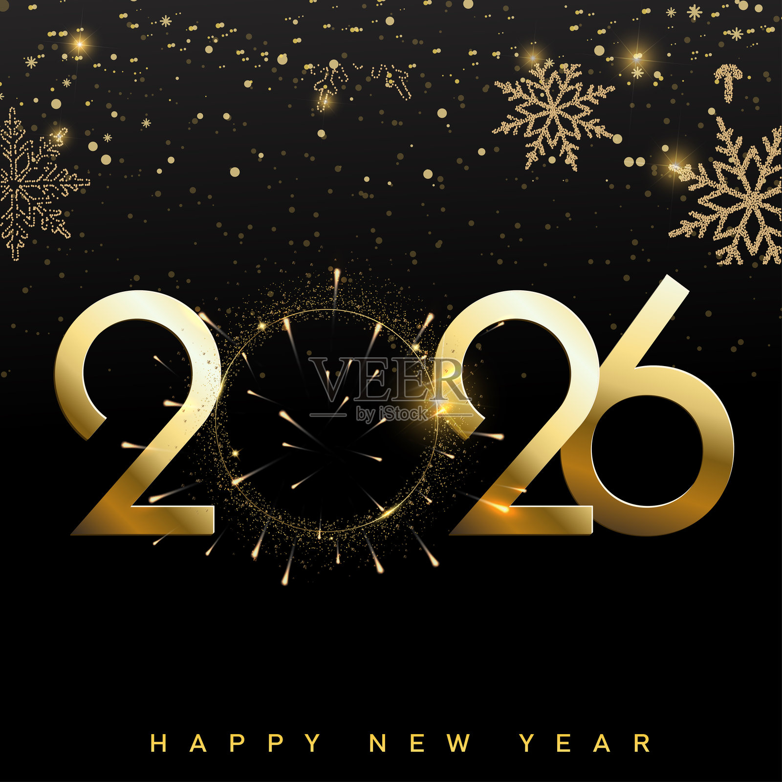 奢华新年2026背景,金色闪光雪花,矢量图插画图片素材