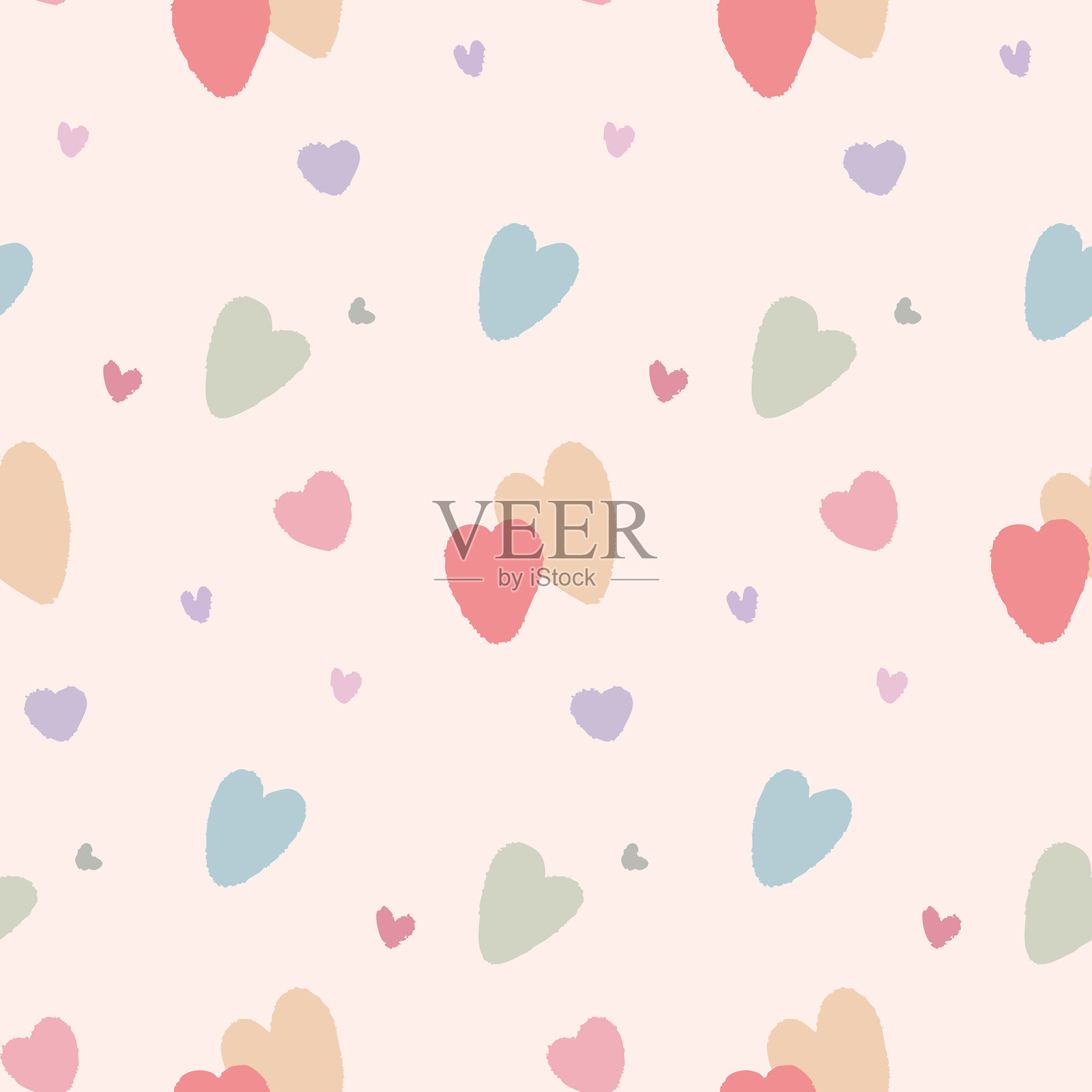 柔和色调的小手绘心形无缝图案。可插画图片素材