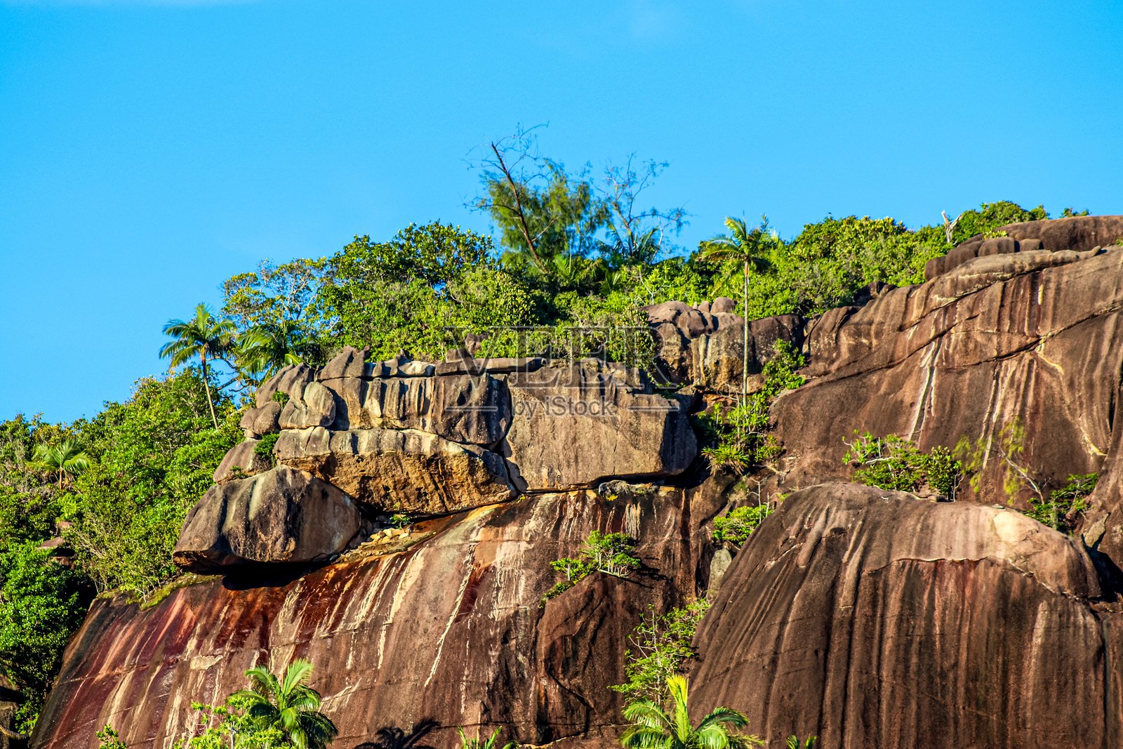塞舌尔群岛的花岗岩岩石构造,点缀着葱郁的植被照片摄影图片