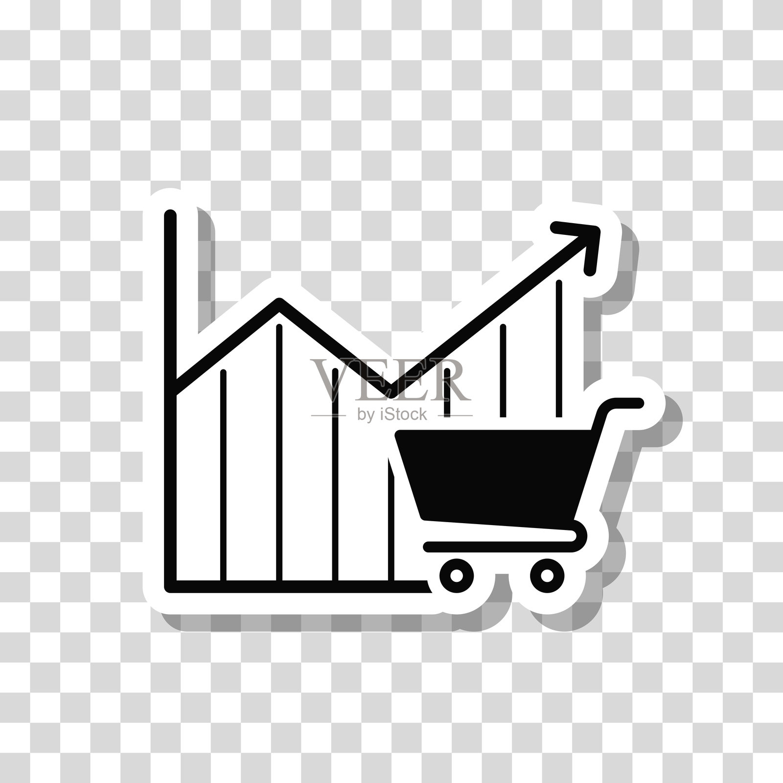 带有购物车的增长图表。图标贴纸在空白背景上插画图片素材