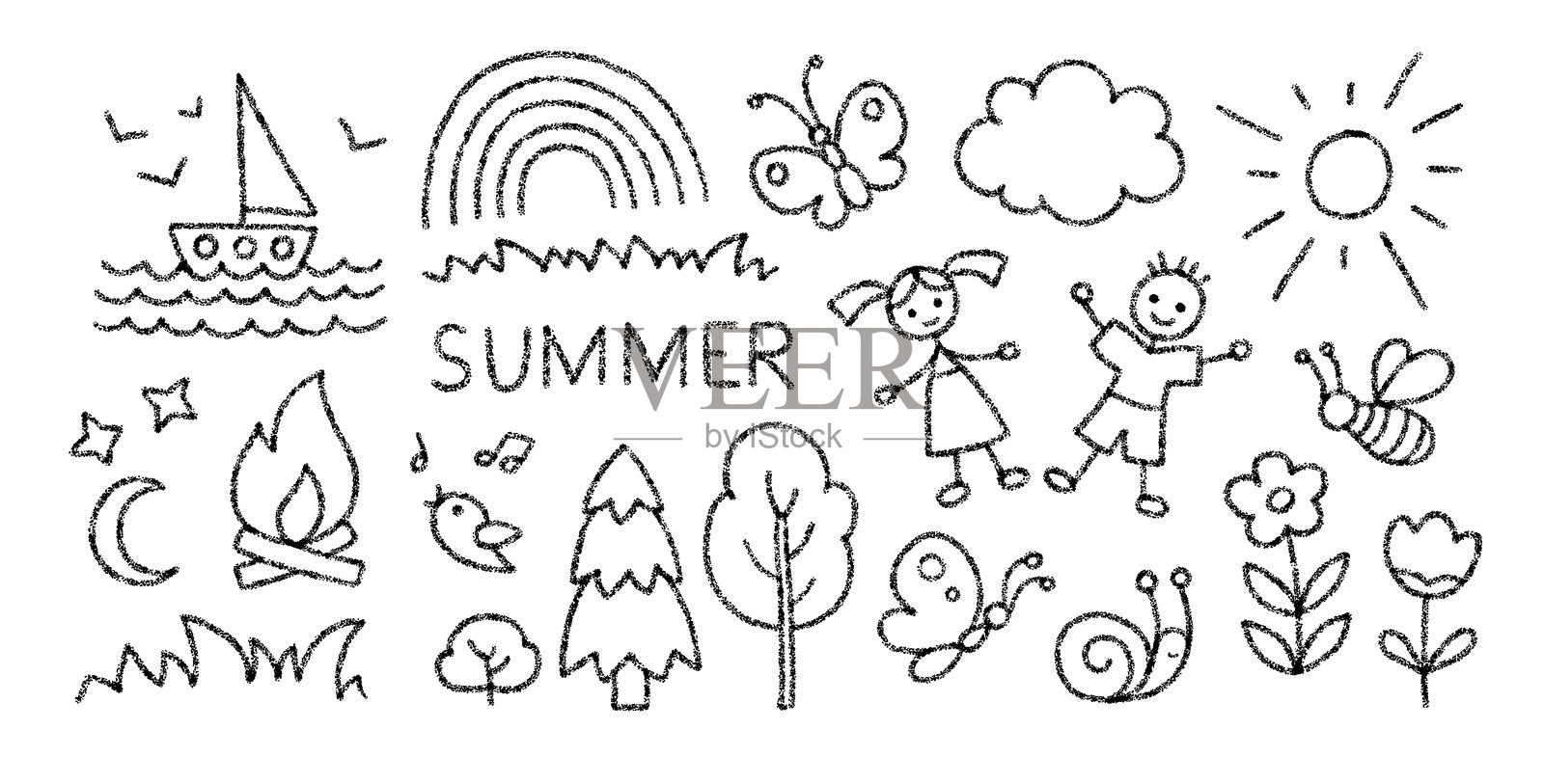 蜡笔和铅笔绘制的儿童夏日图标集插画图片素材