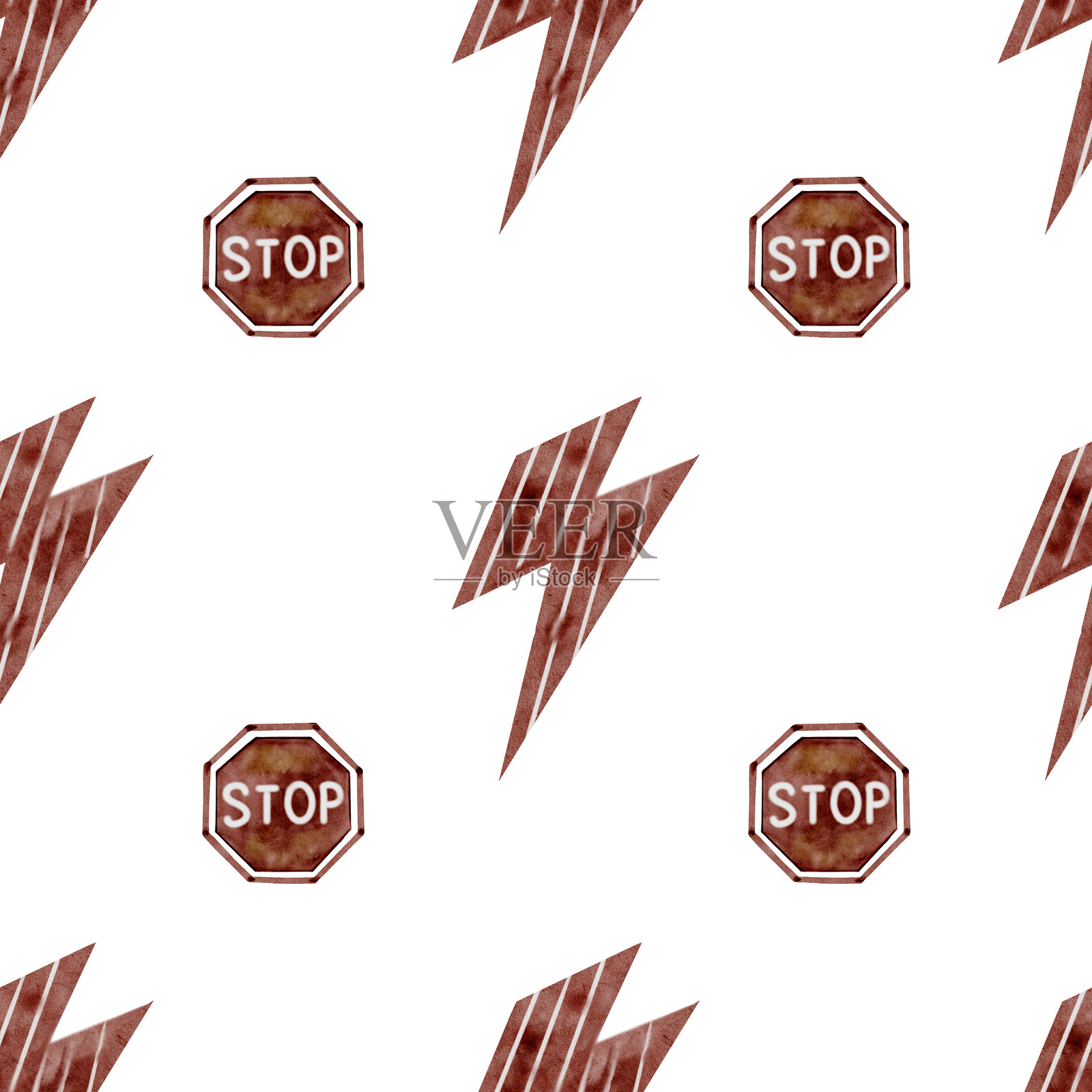 停止标志水彩无缝图案。手绘停止标志。道路标志剪贴画。非常适合海报和卡片插画图片素材