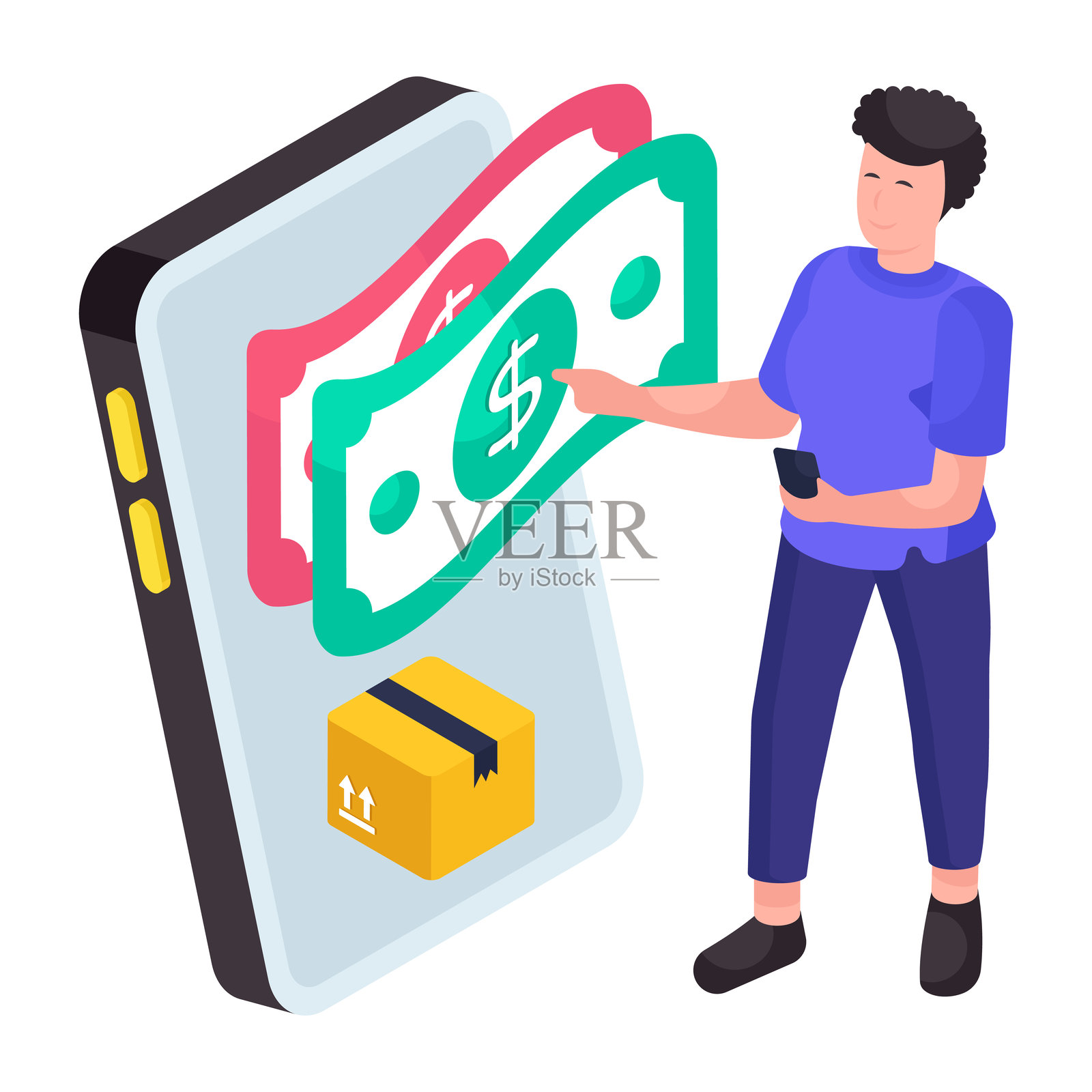概念性的等距设计插画,描绘移动包裹支付场景插画图片素材