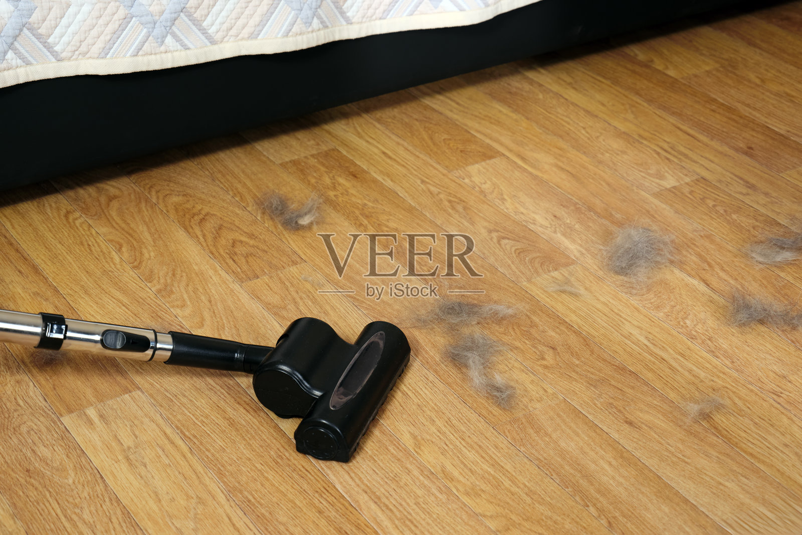 卧室内部宠物狗或猫的毛发和吸尘器的特写照片摄影图片