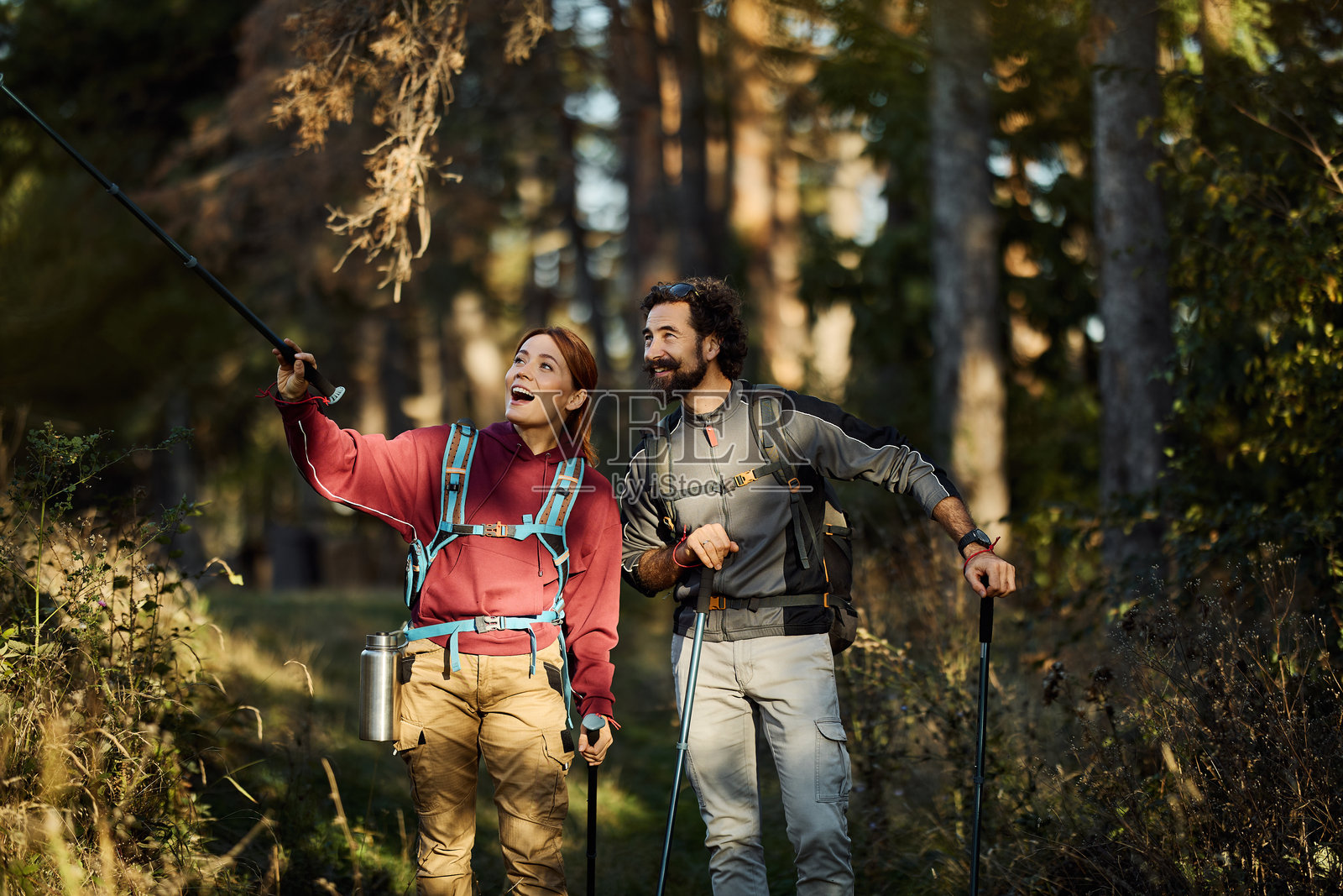 一对情侣在徒步探险中探索森林小径照片摄影图片
