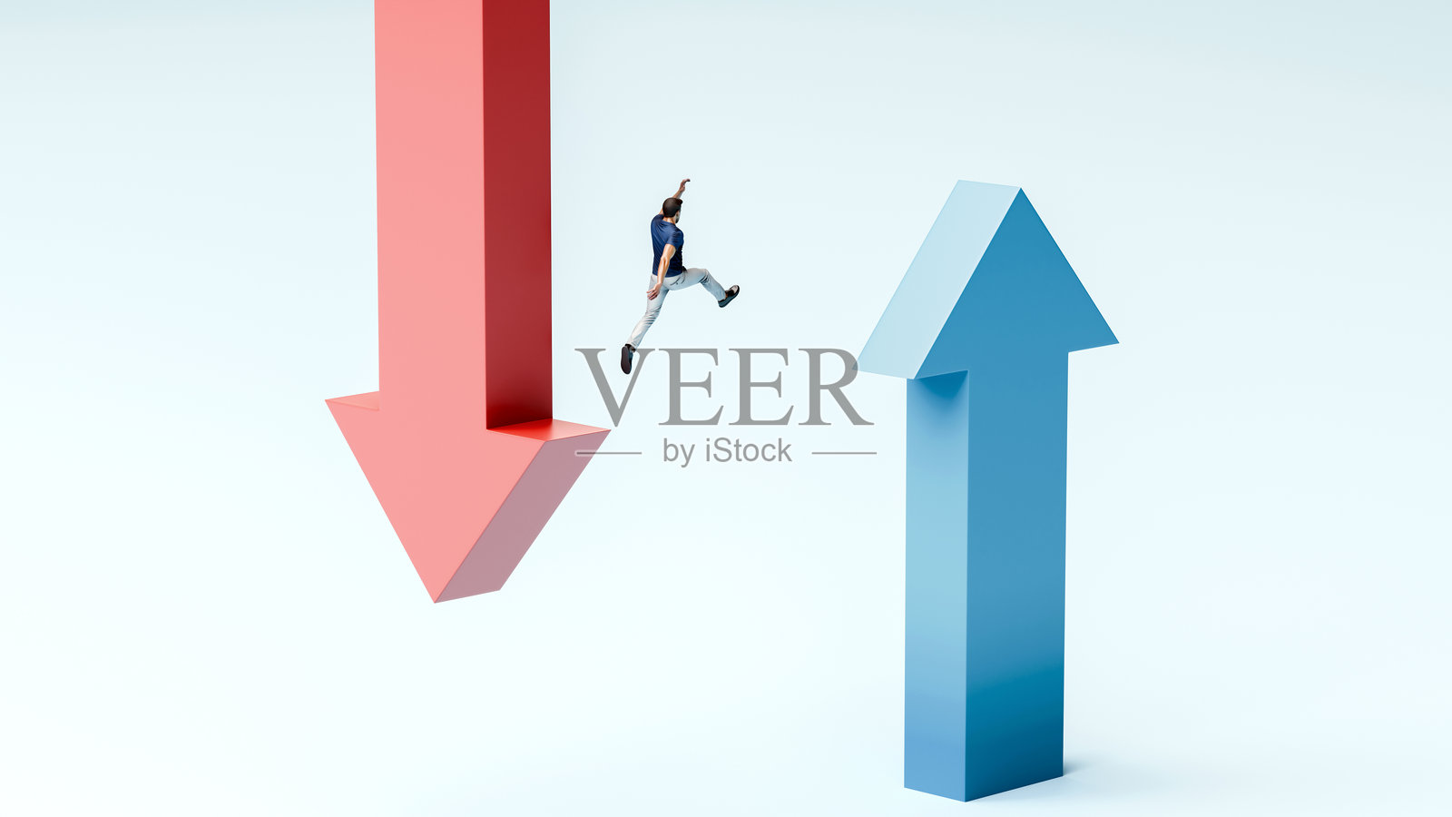 男人从红色向下的箭头跳到蓝色向上的箭头,象征着改变、复苏、成长、成功和动力,3D渲染照片摄影图片