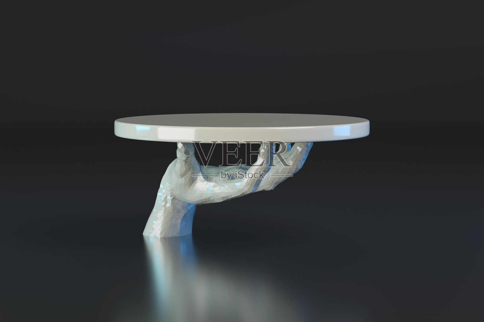 一只手托着盘子的雕塑。三维插画。照片摄影图片