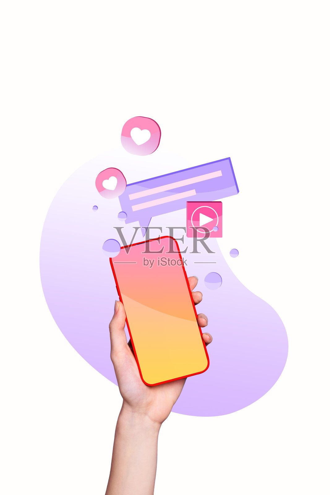 照片拼贴模板潮流艺术作品,手持智能手机点击通知、点赞、分享、对话、消息、交谈的组合照片摄影图片