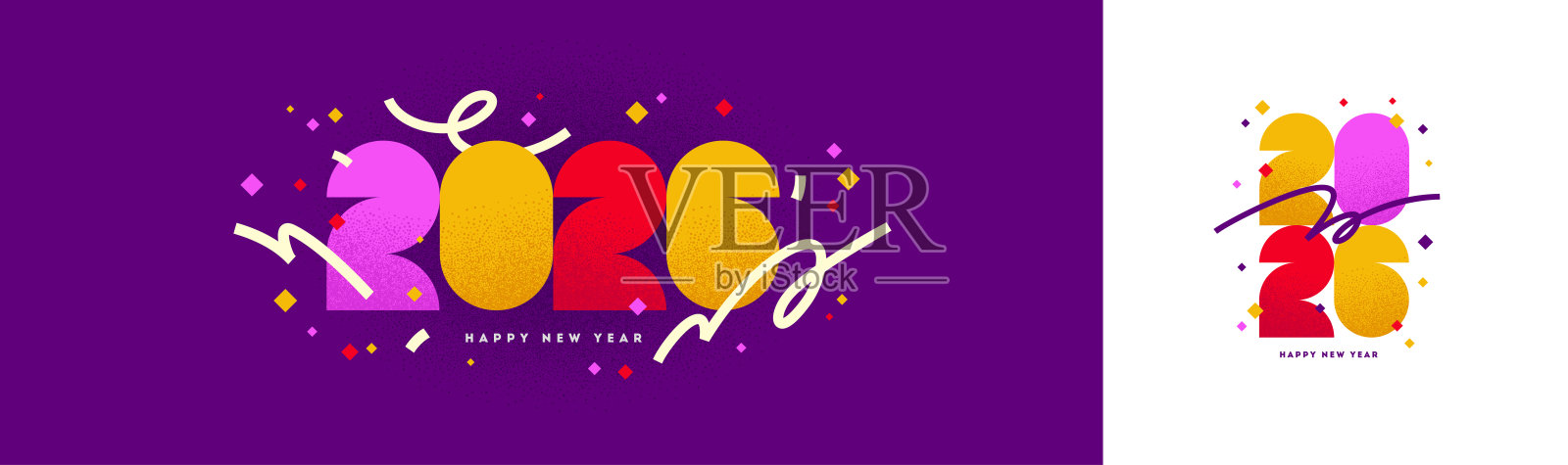 充满活力的2026新年快乐矢量插画,以紫色背景为底,配以现代纹理字体、彩纸屑和丝带。插画图片素材