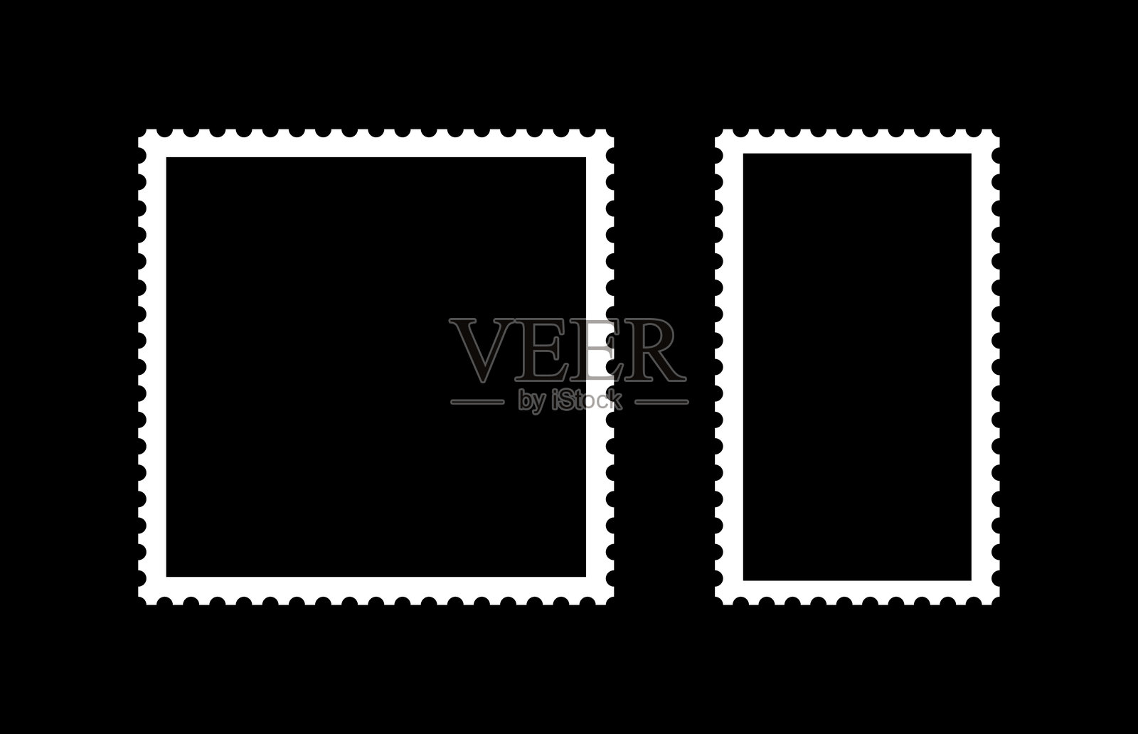 邮票复古空白相框模板集。明信片、信件的白色边框。空白方形、矩形复古邮票。带有卷曲、波浪状穿孔边缘的标签、标识、优惠券、盒子。插画图片素材