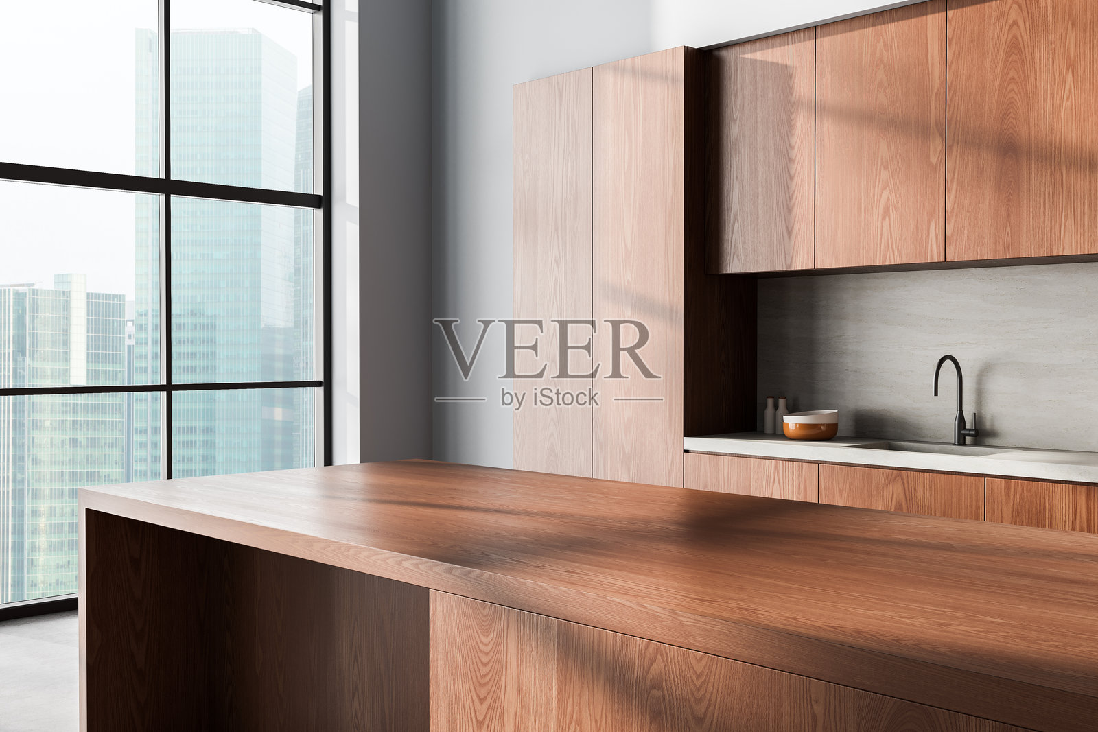 现代木质厨房,极简设计,大窗户俯瞰高层公寓的城市景观。三维渲染照片摄影图片