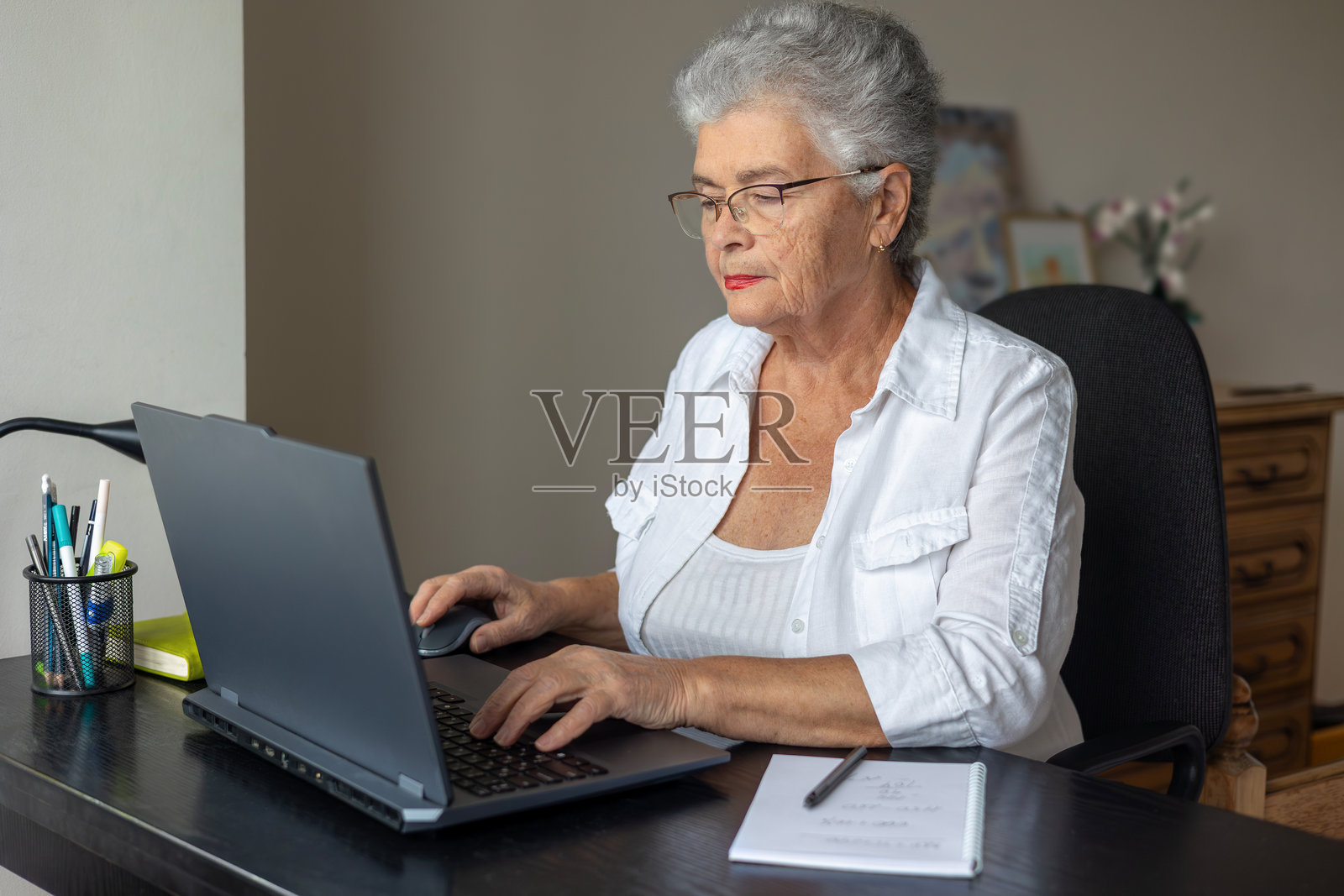 活跃的老年女性在家中通过笔记本电脑远程工作。退休在家的自由职业者,保持高效,在线打字和管理项目。在线银行、保险、储蓄、养老金照片摄影图片