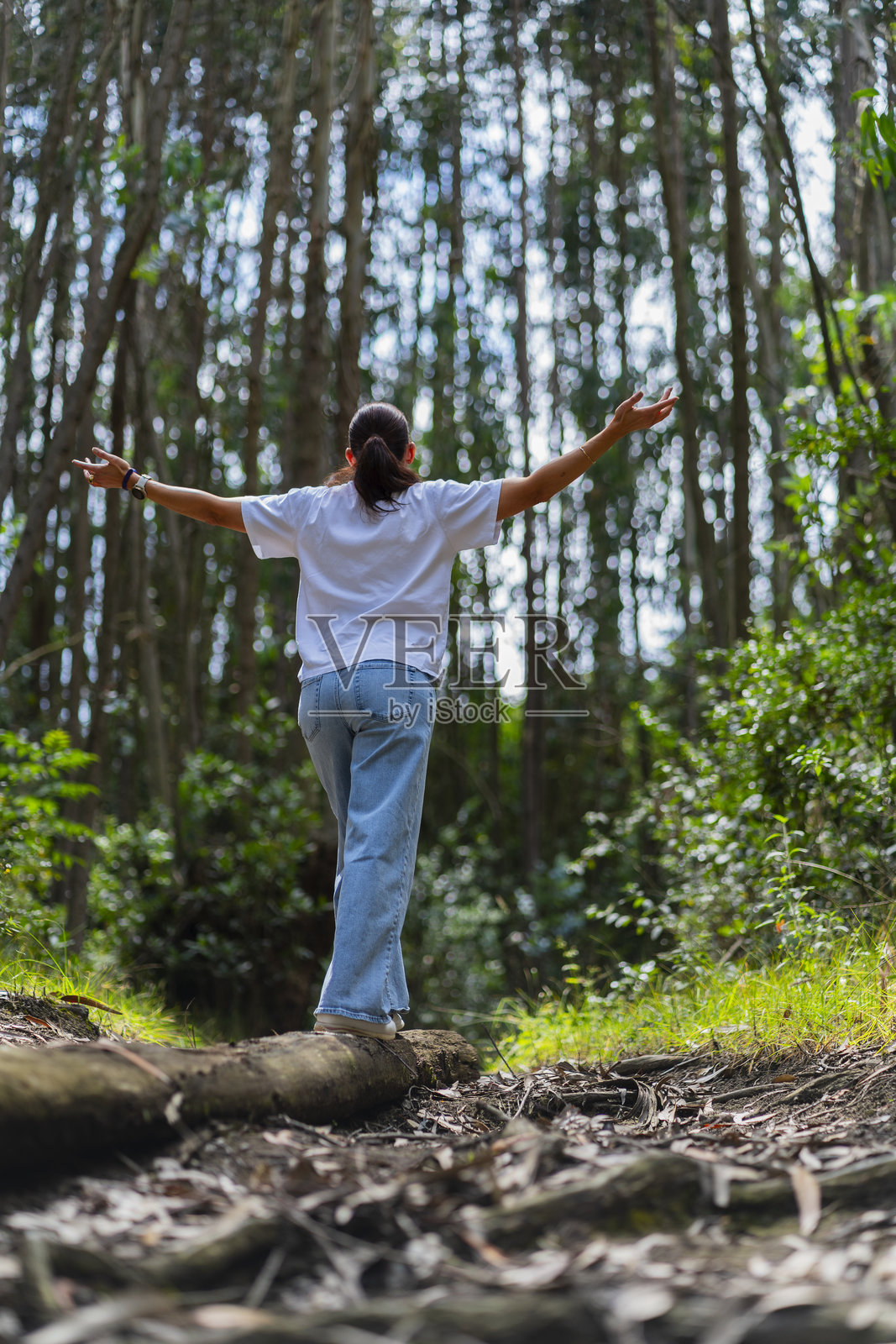 一位成年女性在宁静祥和的氛围中漫步于森林照片摄影图片
