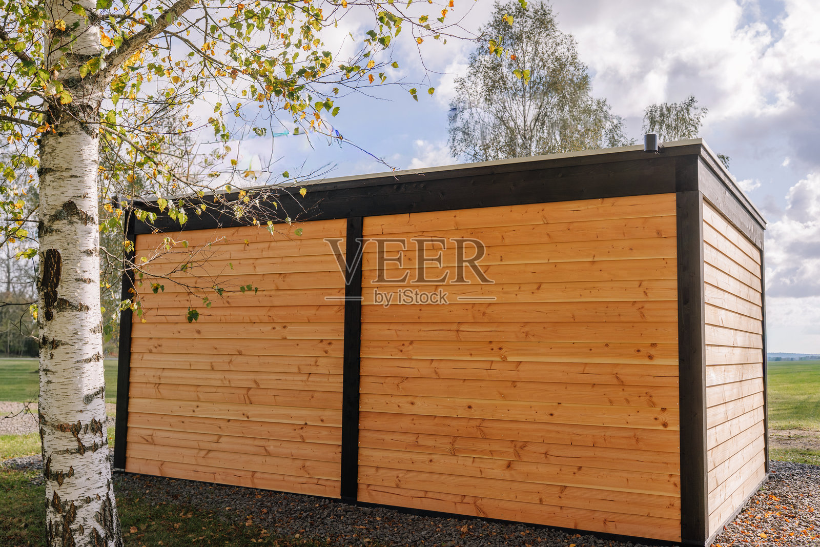 现代木制花园建筑,带有水平木材壁板和黑色饰边,坐落于自然景观中,背景是桦树和多云的天空。照片摄影图片