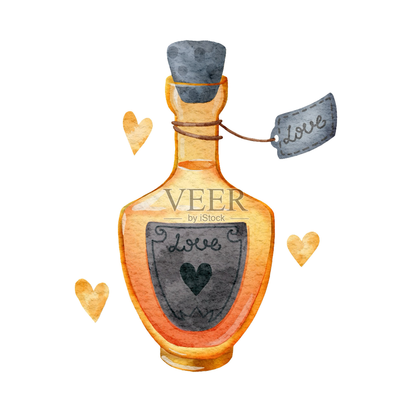 可爱的爱情魔药水彩画。异想天开的橙色药水瓶插画。孤立的神秘物品,适用于万圣节、浪漫、奇幻设计和秘密魅力项目插画图片素材