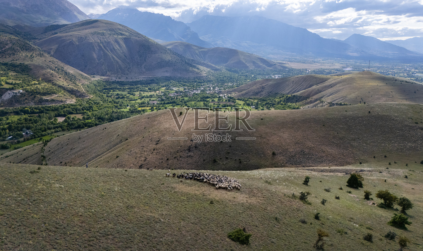 航拍无人机视角,一览无余的开阔山坡上,羊群在部分多云的天空下自由放牧照片摄影图片