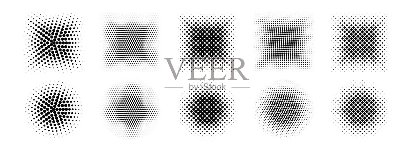 渐变网点形状集合。点状纹理圆形和方形图案。卡通褪色背景集。用于框架、海报、拼贴、横幅的像素位图元素包。矢量漫画边框包。插画图片素材