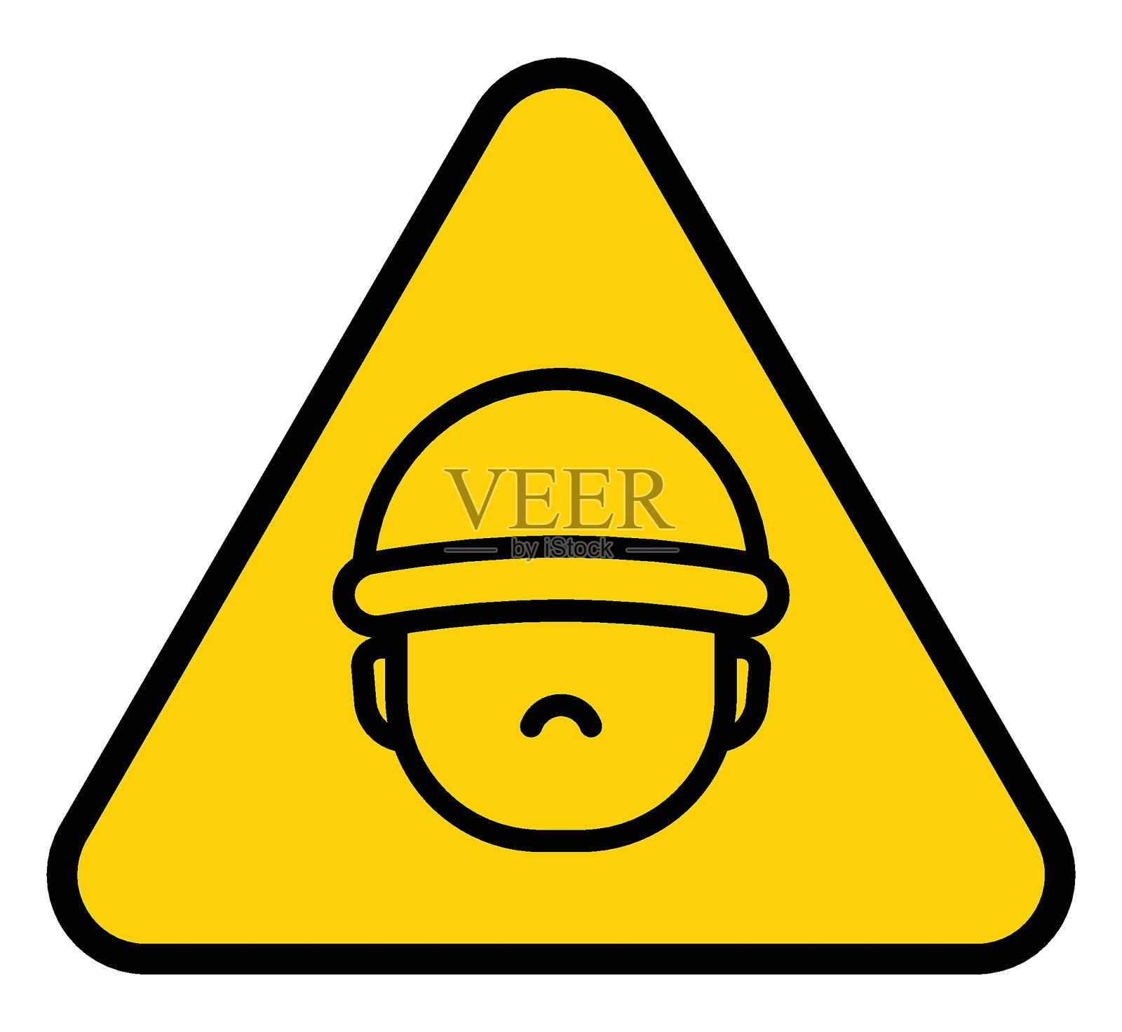 带有一个悲伤工人图标的警告标志,采用粗体黄色三角形设计插画图片素材