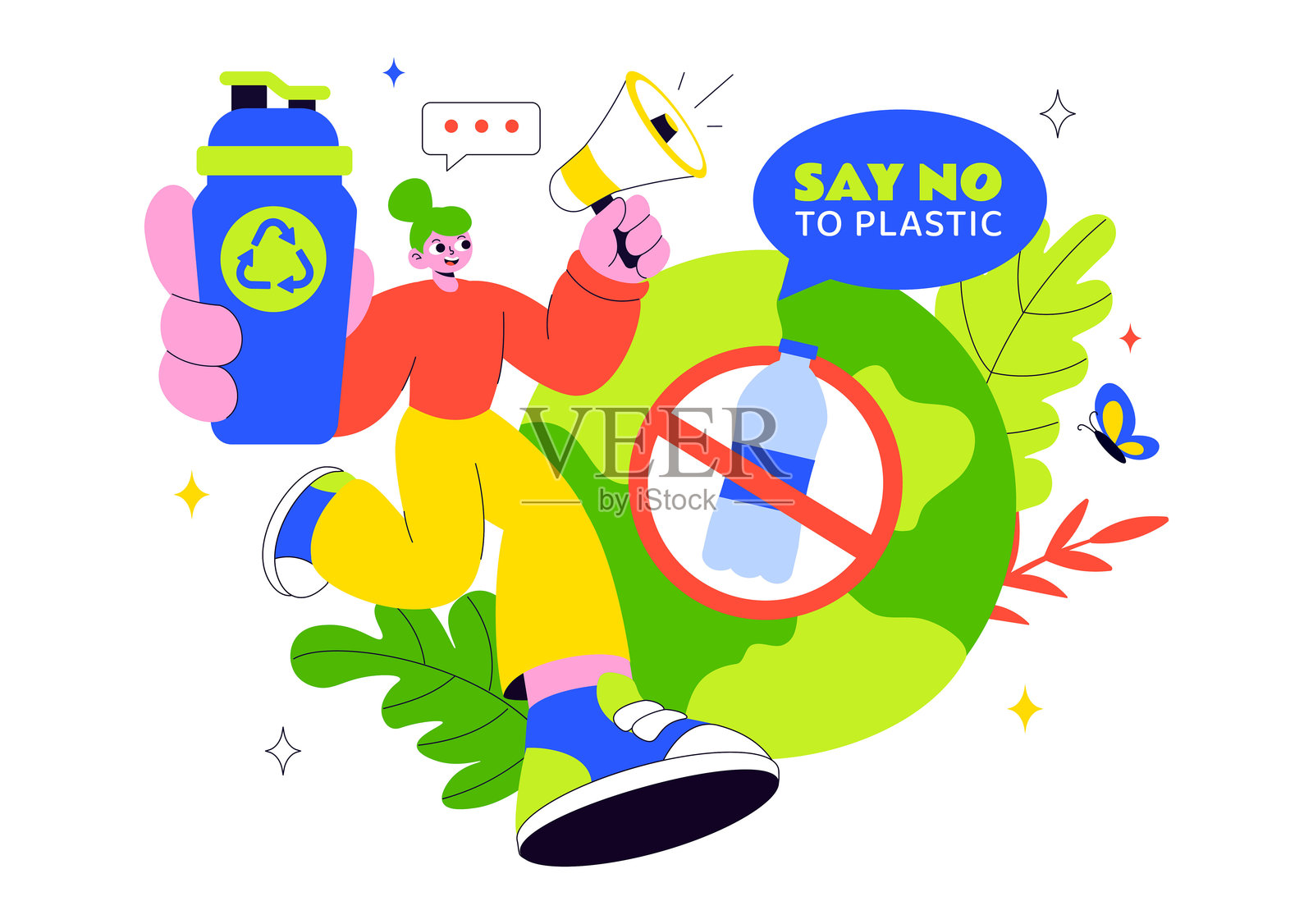 减少塑料垃圾矢量插画,以废物最小化、有机垃圾管理和环保宣传活动背景为特色插画图片素材