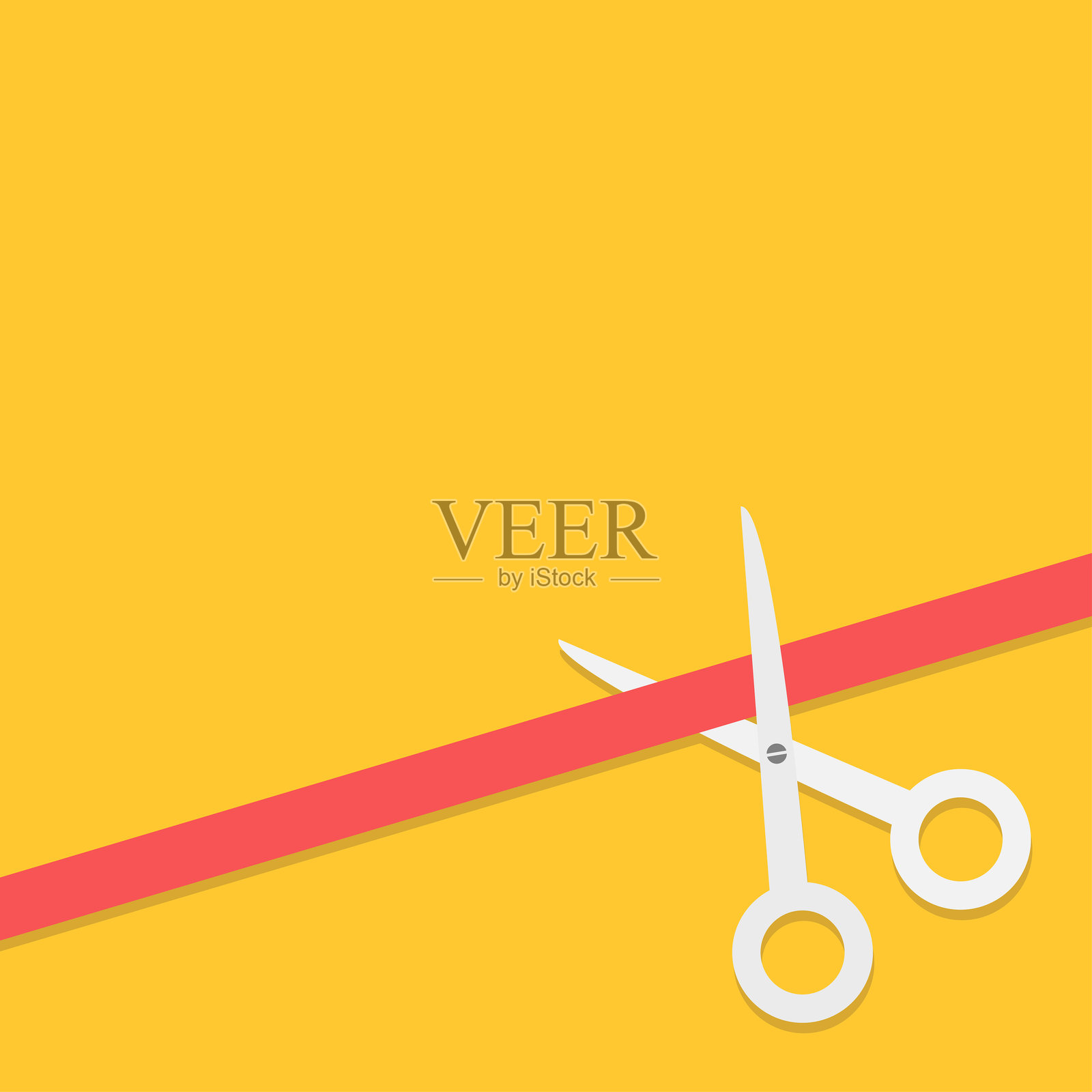 剪刀剪断右侧的红色直线丝带。开业典礼。落成。新店开业。创业。横幅模板。扁平化设计风格。黄色背景。隔离。插画图片素材