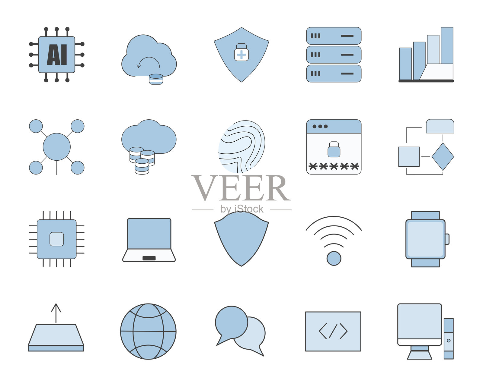扁平化极简科技图标集 — 人工智能、云计算、网络安全、数据分析、网络、笔记本电脑 — 粉蓝与灰色扁平化设计插画图片素材