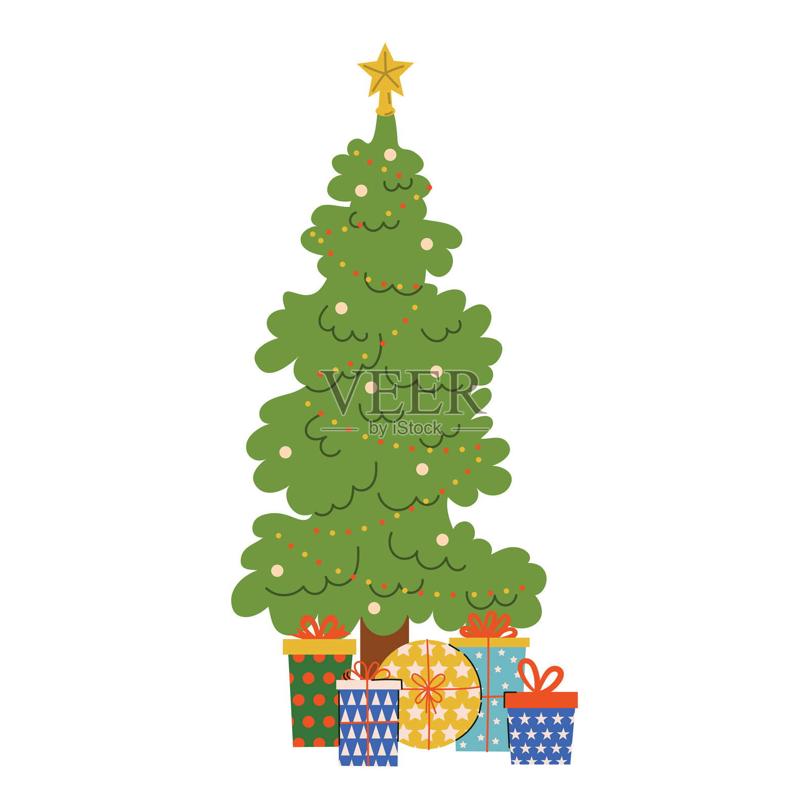 扁平卡通风格的圣诞树和礼物盒。节日插画,适用于贺卡。插画图片素材