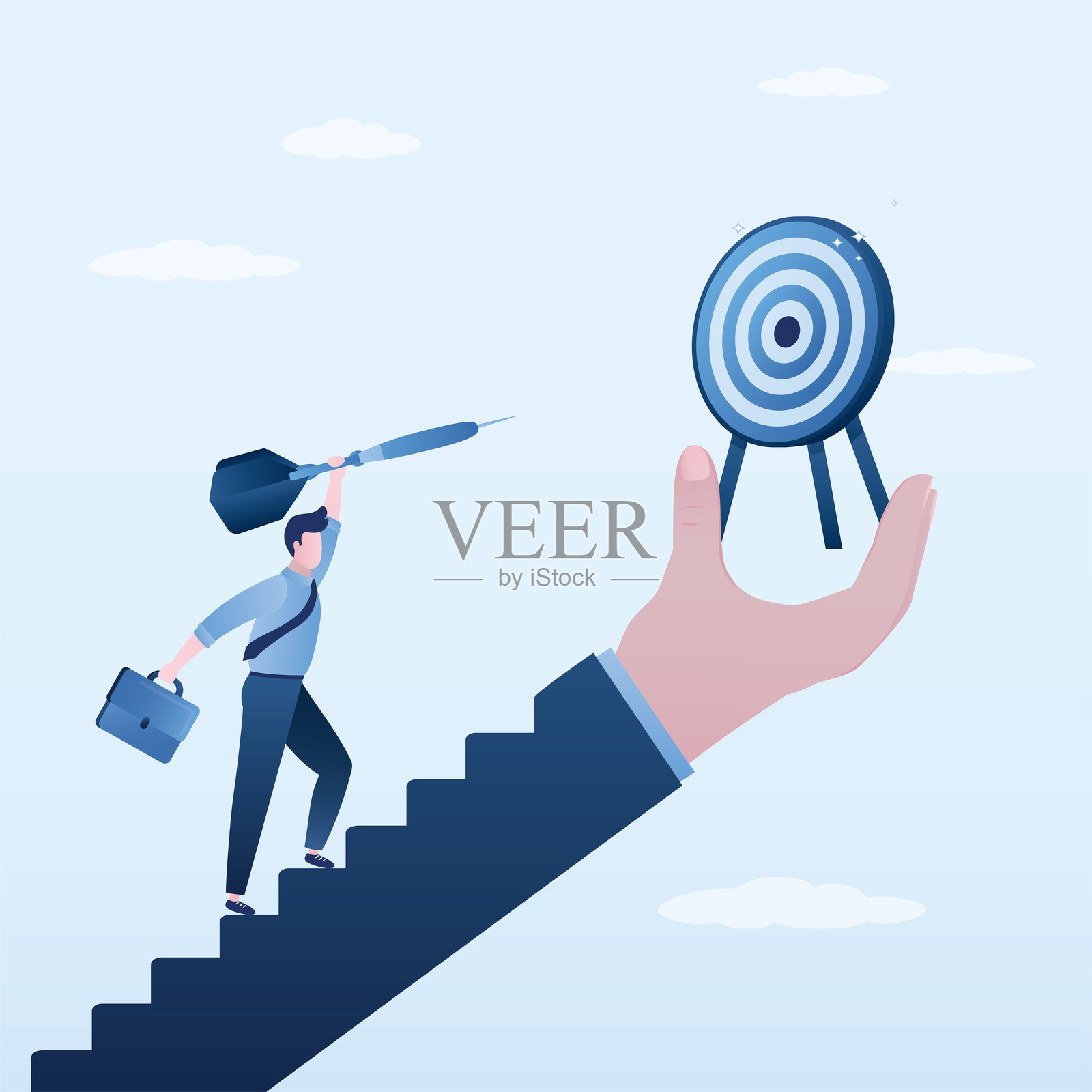 雄心勃勃的商人爬楼梯,到达巨人的手中,象征着目标。表达成功的动力或实现商业目标的愿景。象征进步以赢得胜利的概念,商人拿着飞镖。插画图片素材