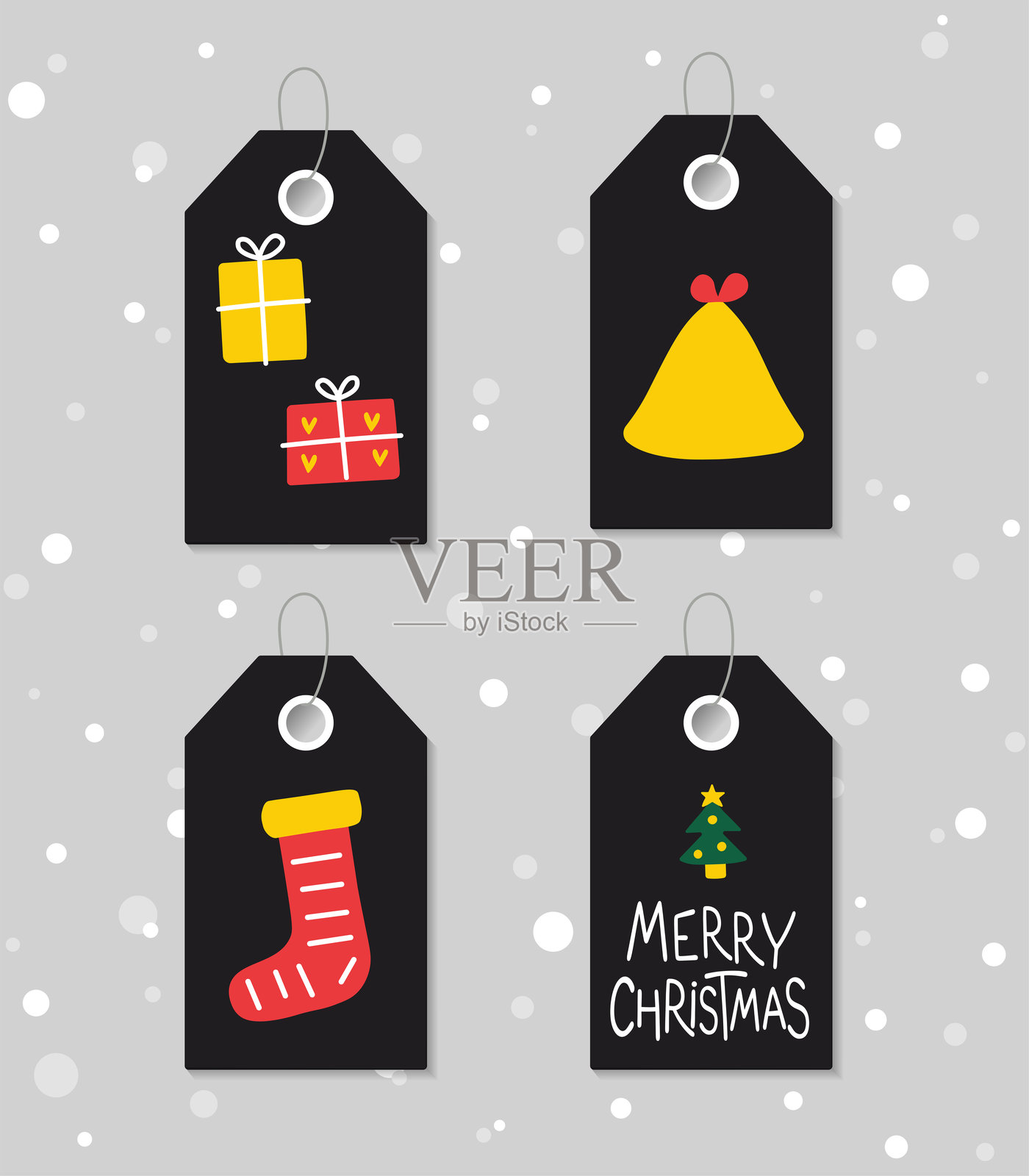 四张复古圣诞和新年礼品标签的集合。一套节日礼品标签、贴纸、标识。横幅、邀请函、明信片、卡片、包装、打包的模板。矢量图。插画图片素材